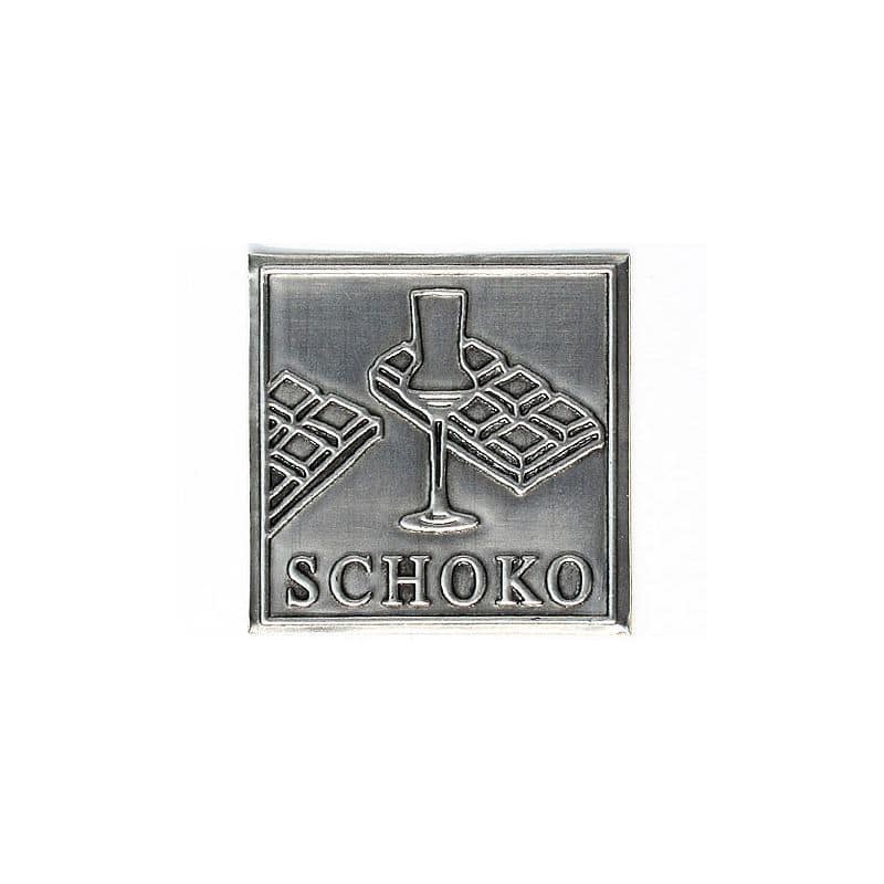 Tinetiket 'Choko', kvadratisk, metal, sølv