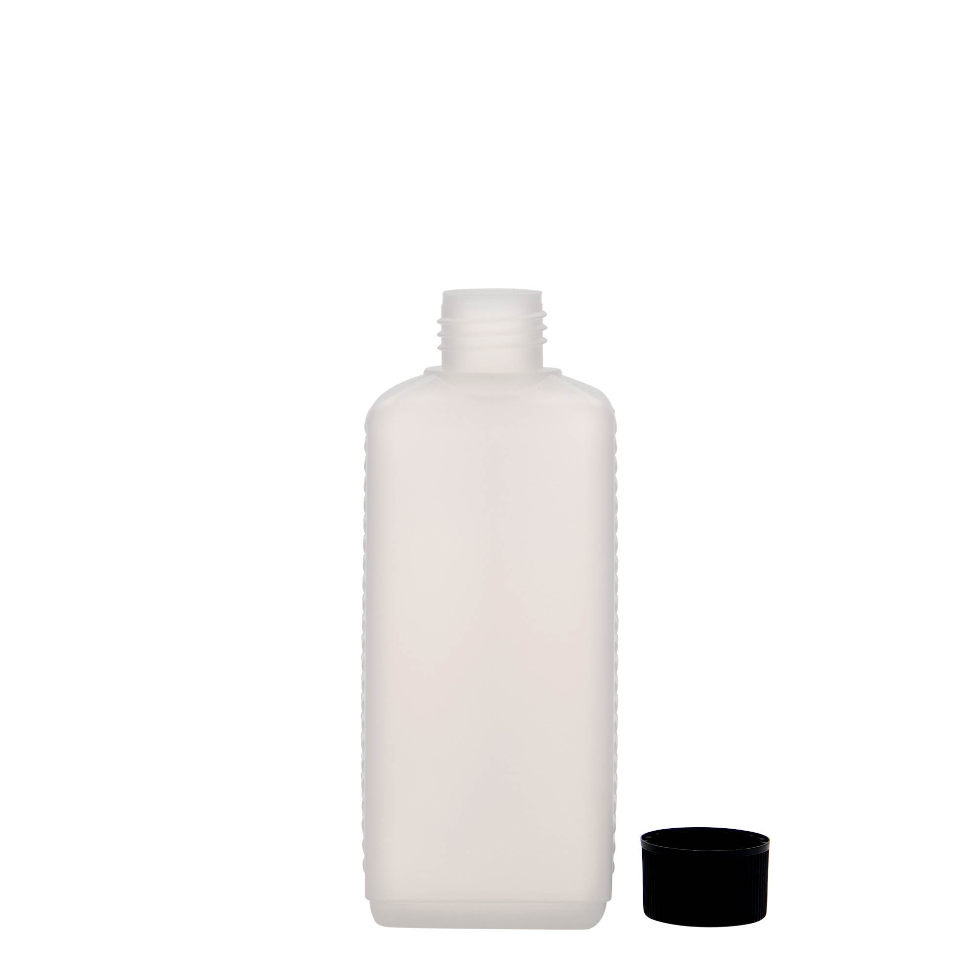 250 ml kande-flaske, rektangulær, HDPE-plast, natur, åbning: DIN 25 EPE