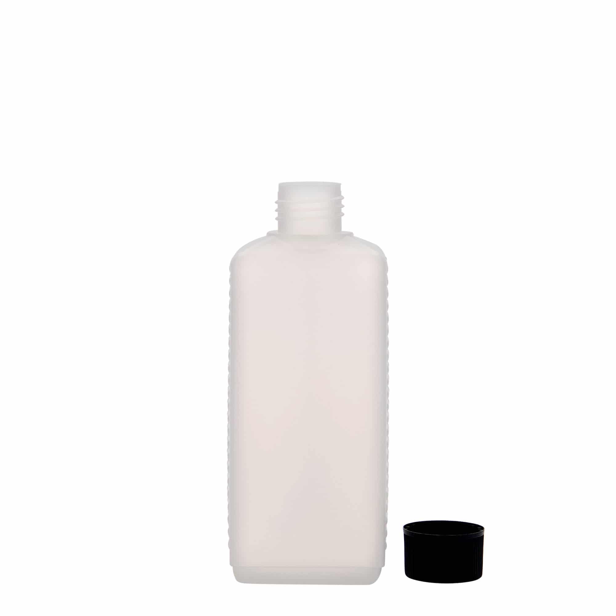 250 ml kande-flaske, rektangulær, HDPE-plast, natur, åbning: DIN 25 EPE