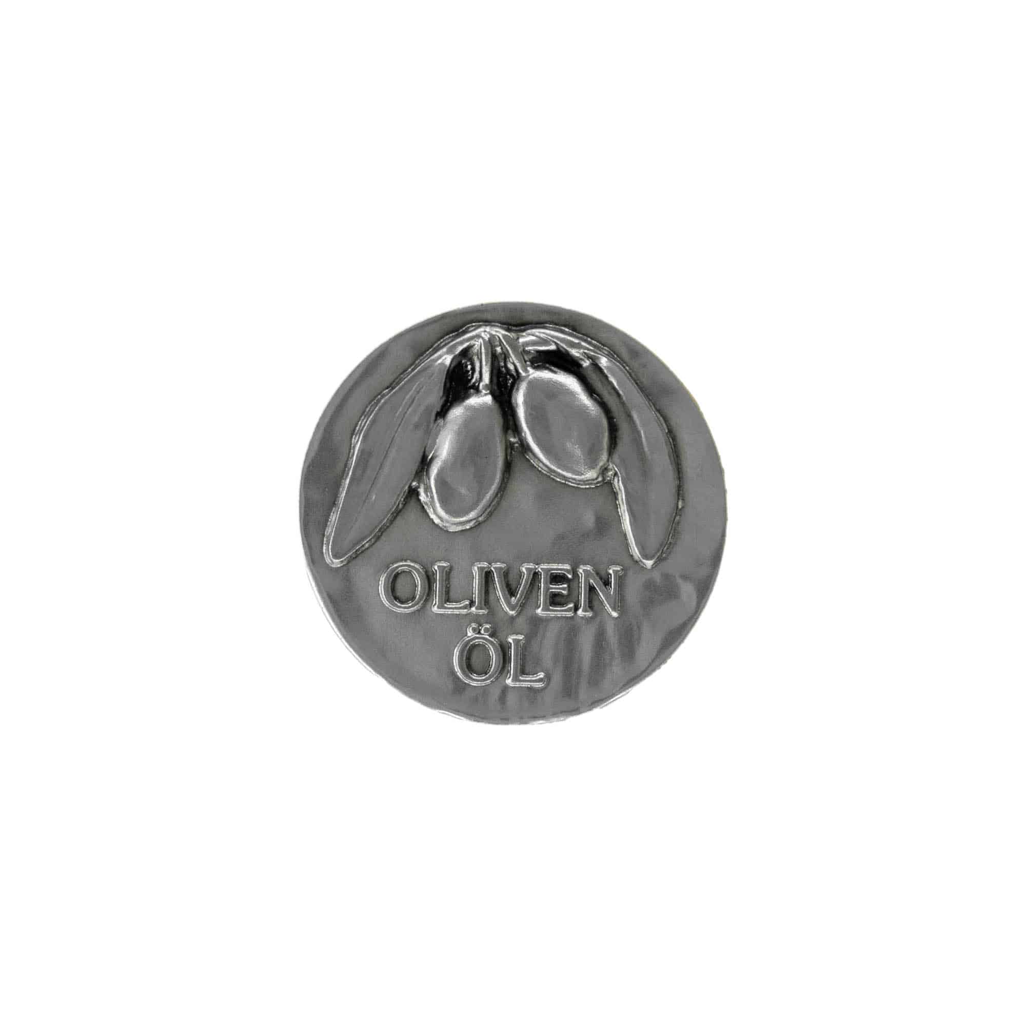 Tinetiket 'Olivenolie', kvadratisk, metal, sølv