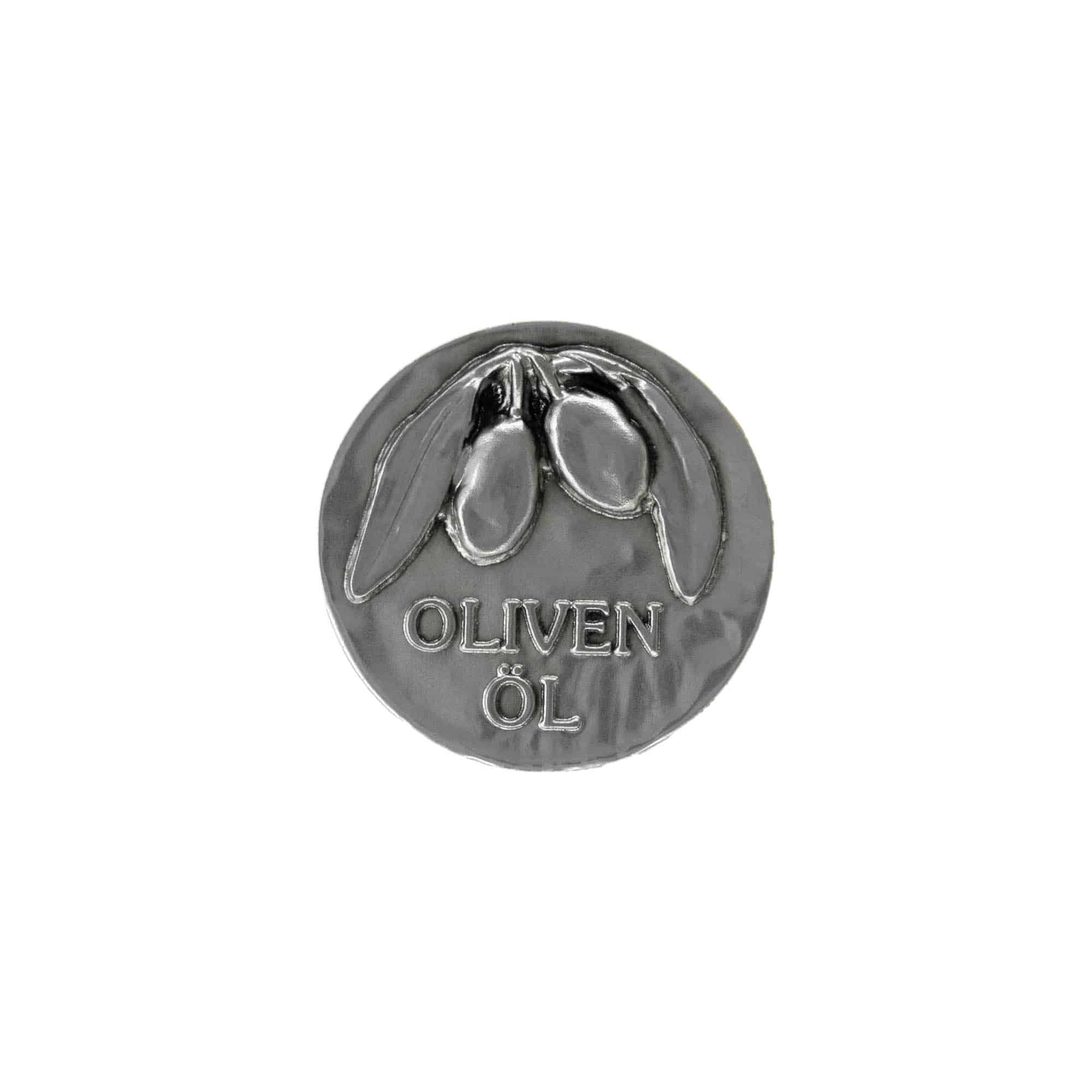 Tinetiket 'Olivenolie', kvadratisk, metal, sølv Tinetiket 'Olivenolie', kvadratisk, metal, sølv