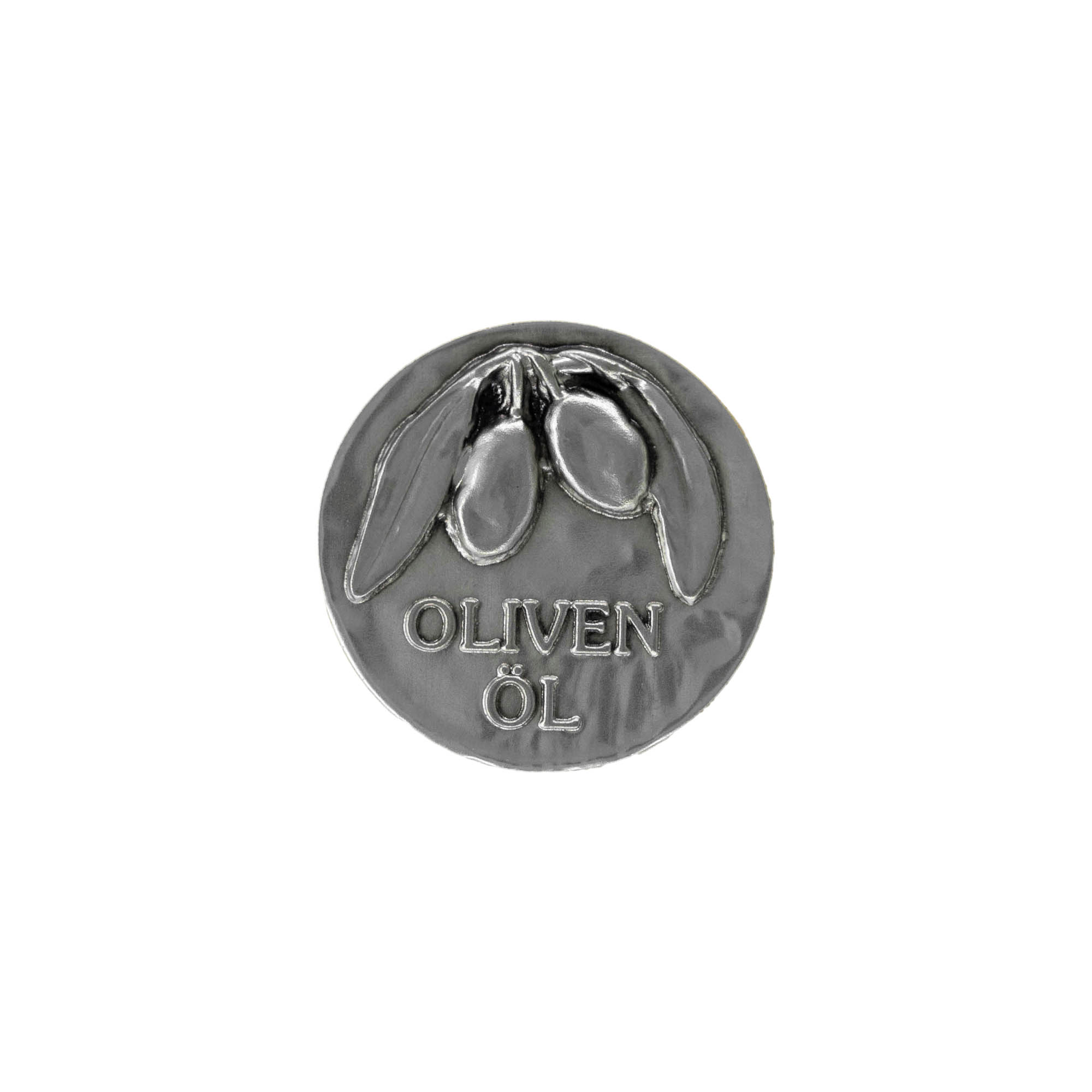 Tinlabel 'Olivenolie', metal, sølv Tinlabel 'Olivenolie', metal, sølv
