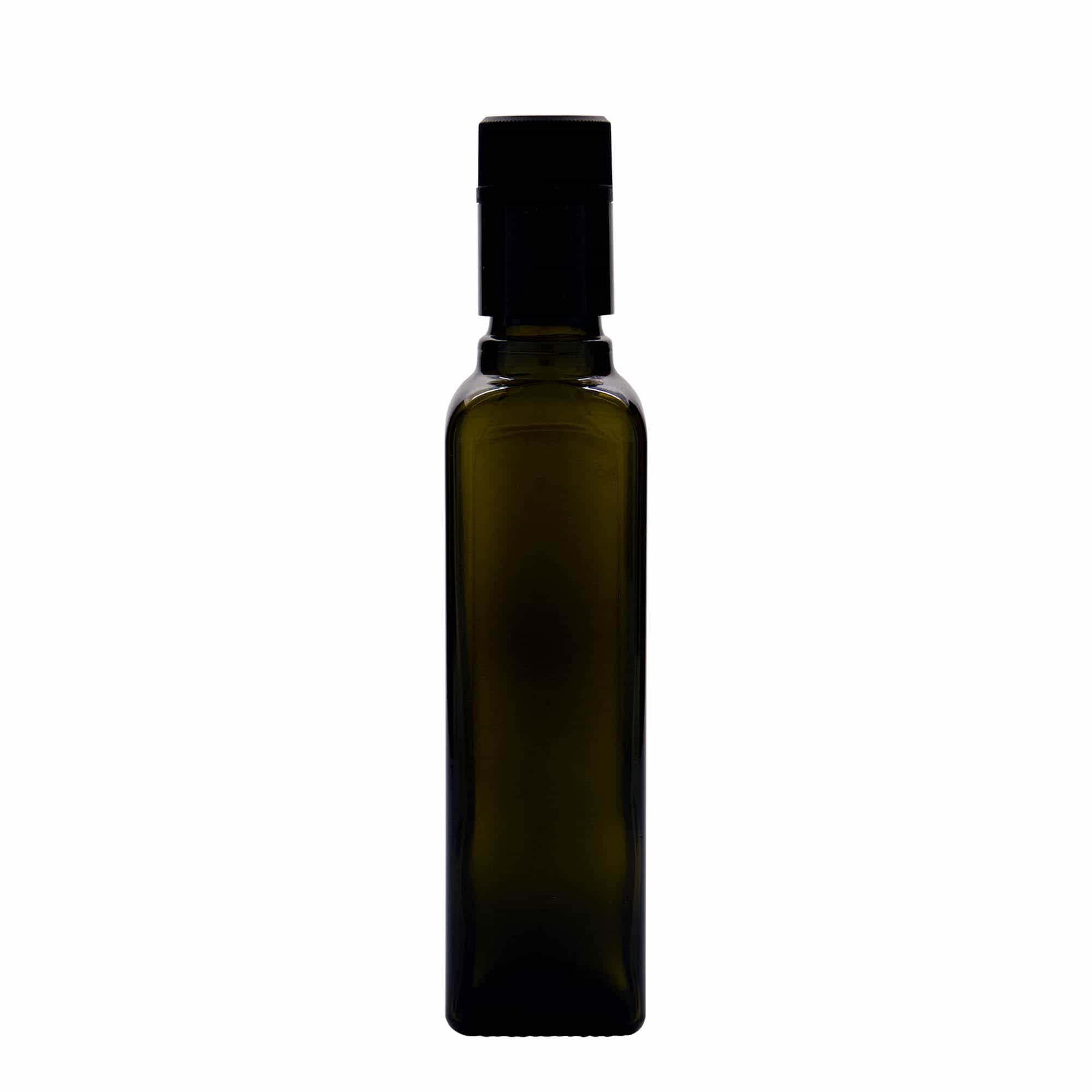 250 ml eddike-/olieflaske 'Quadra', glas, kvadratisk, antikgrøn, åbning: DOP