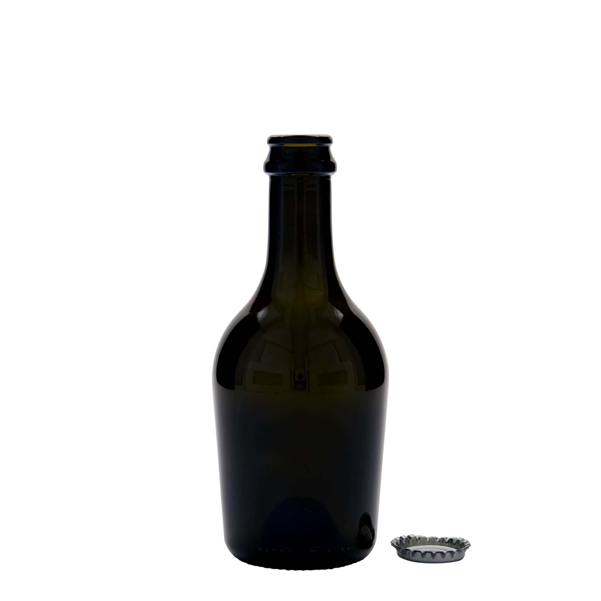 330 ml øl-/sodavandsflaske 'Butterfly', glas, antikgrøn, munding: Kronkapsel