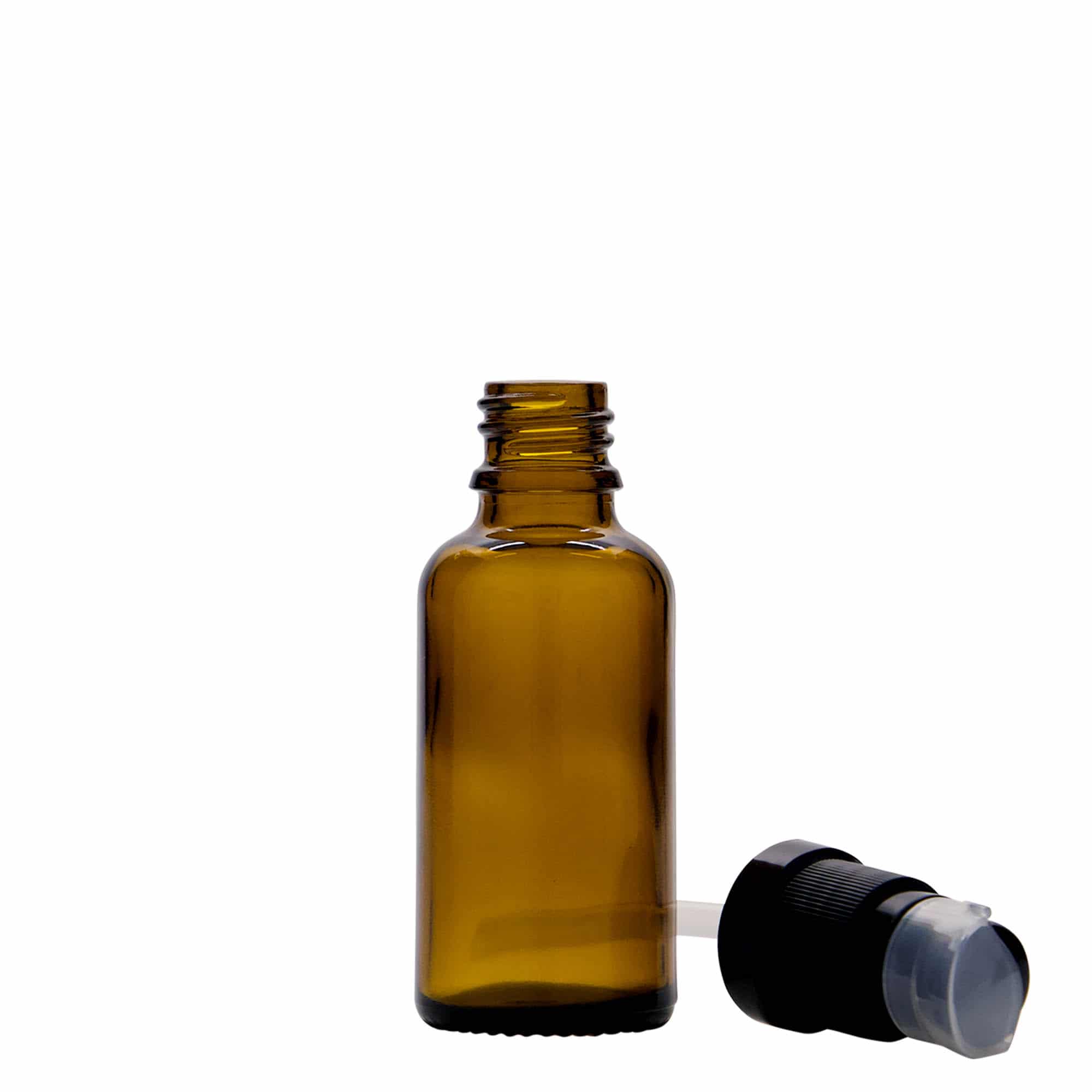 30 ml medicinflaske med lotionpumpe, glas, brun, åbning: DIN 18