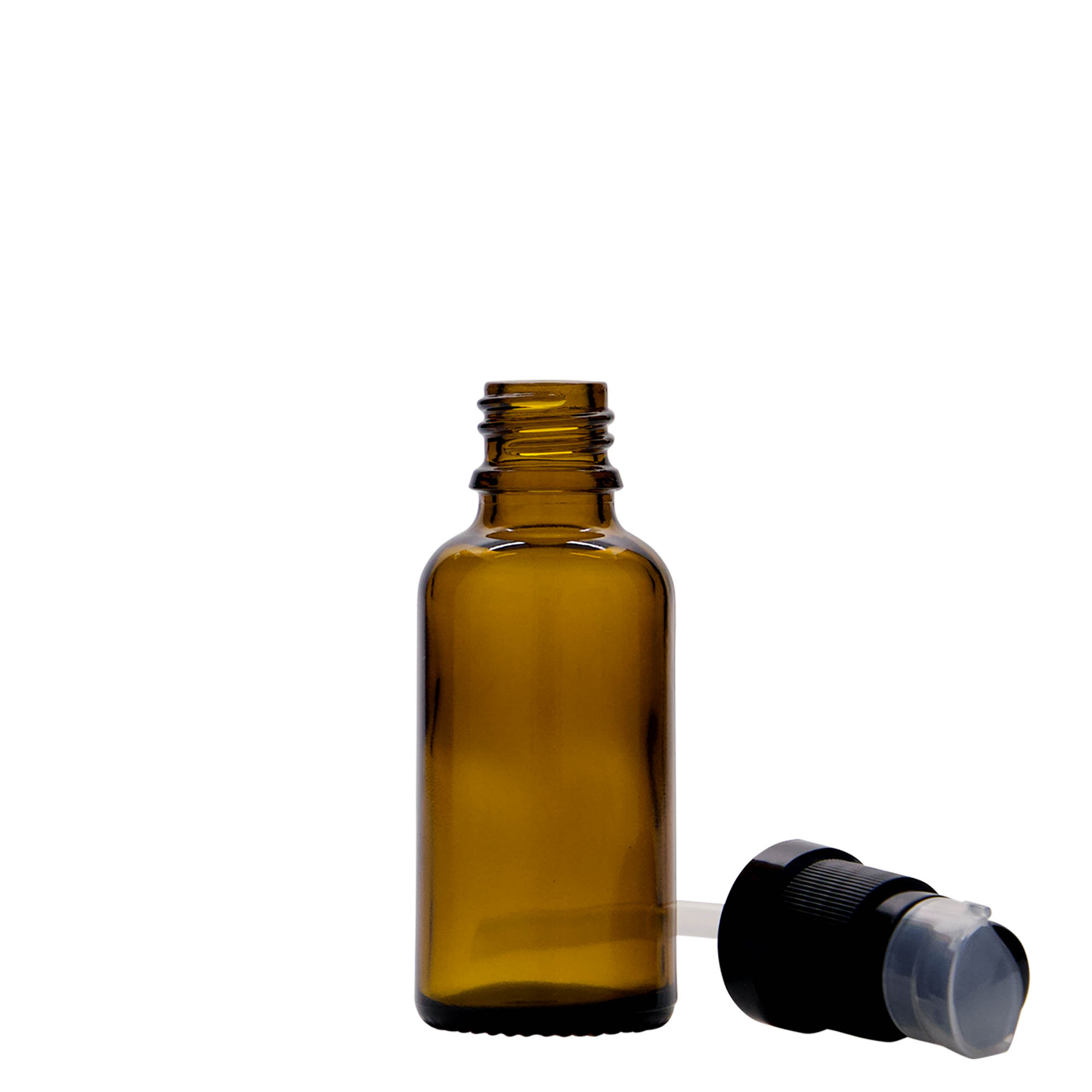 30 ml medicinflaske med lotionpumpe, glas, brun, åbning: DIN 18 30 ml medicinflaske med lotionpumpe, glas, brun, åbning: DIN 18