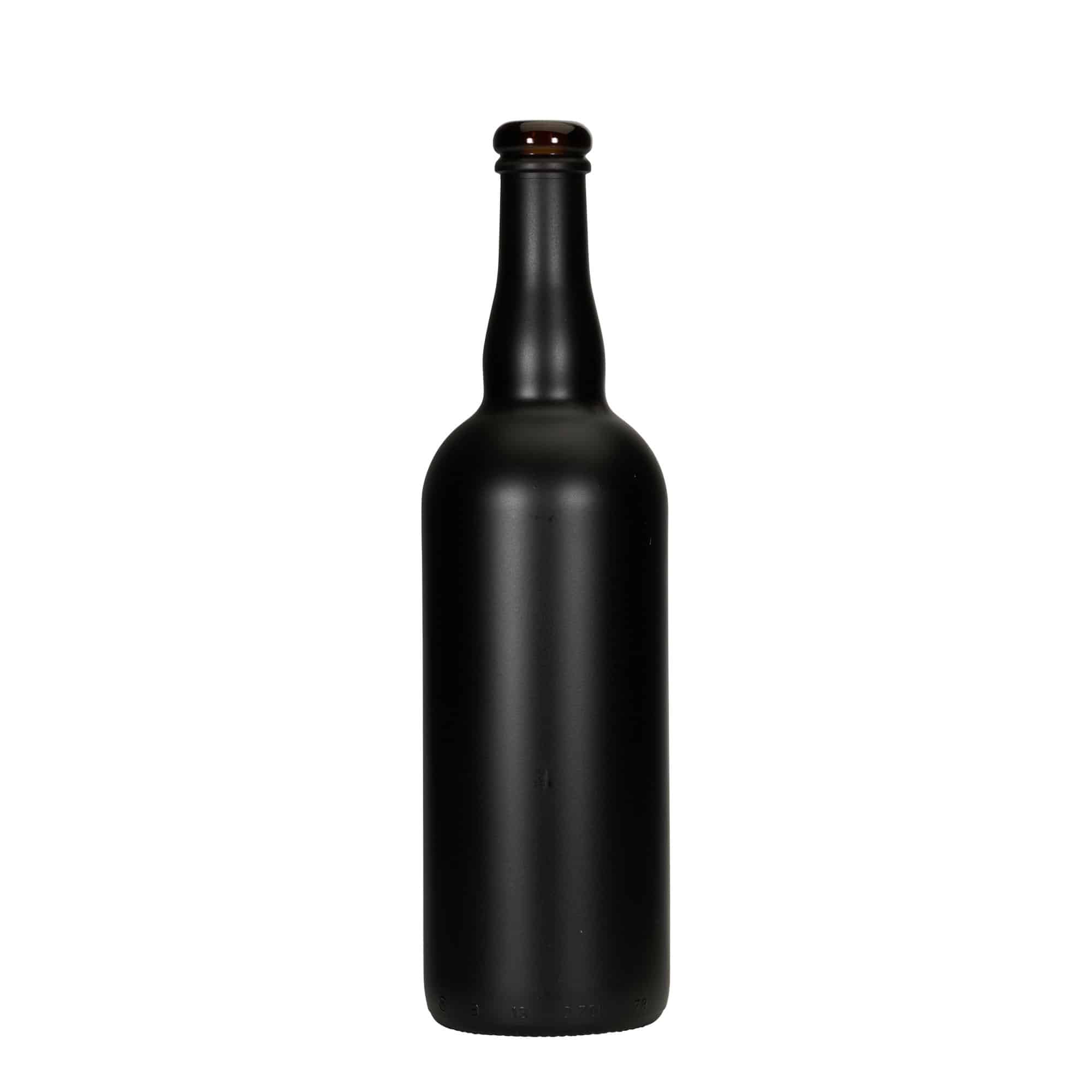 750 ml ølflaske Belgien, glas, sort, munding: kork
