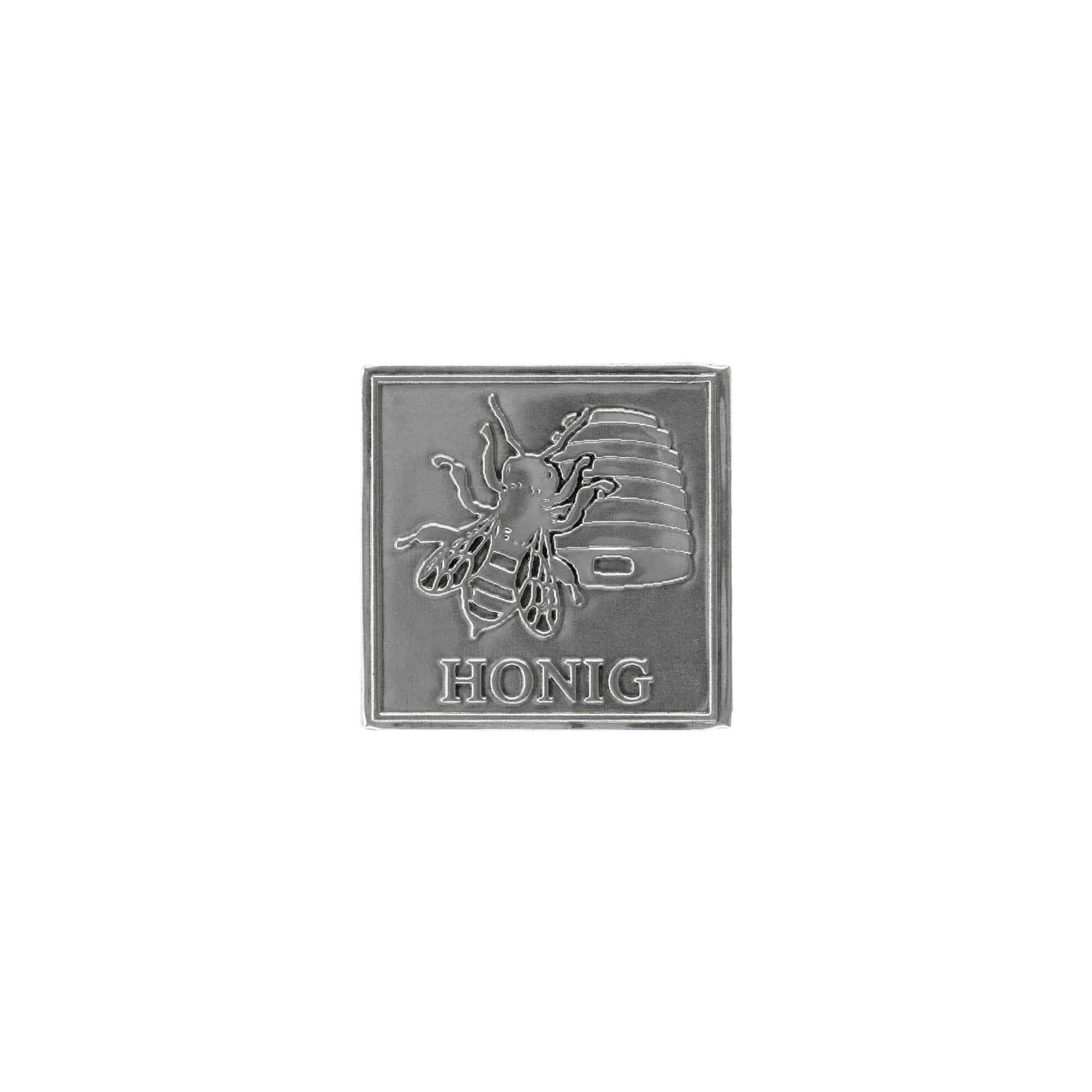 Tinetiket 'Honning', kvadratisk, metal, sølv