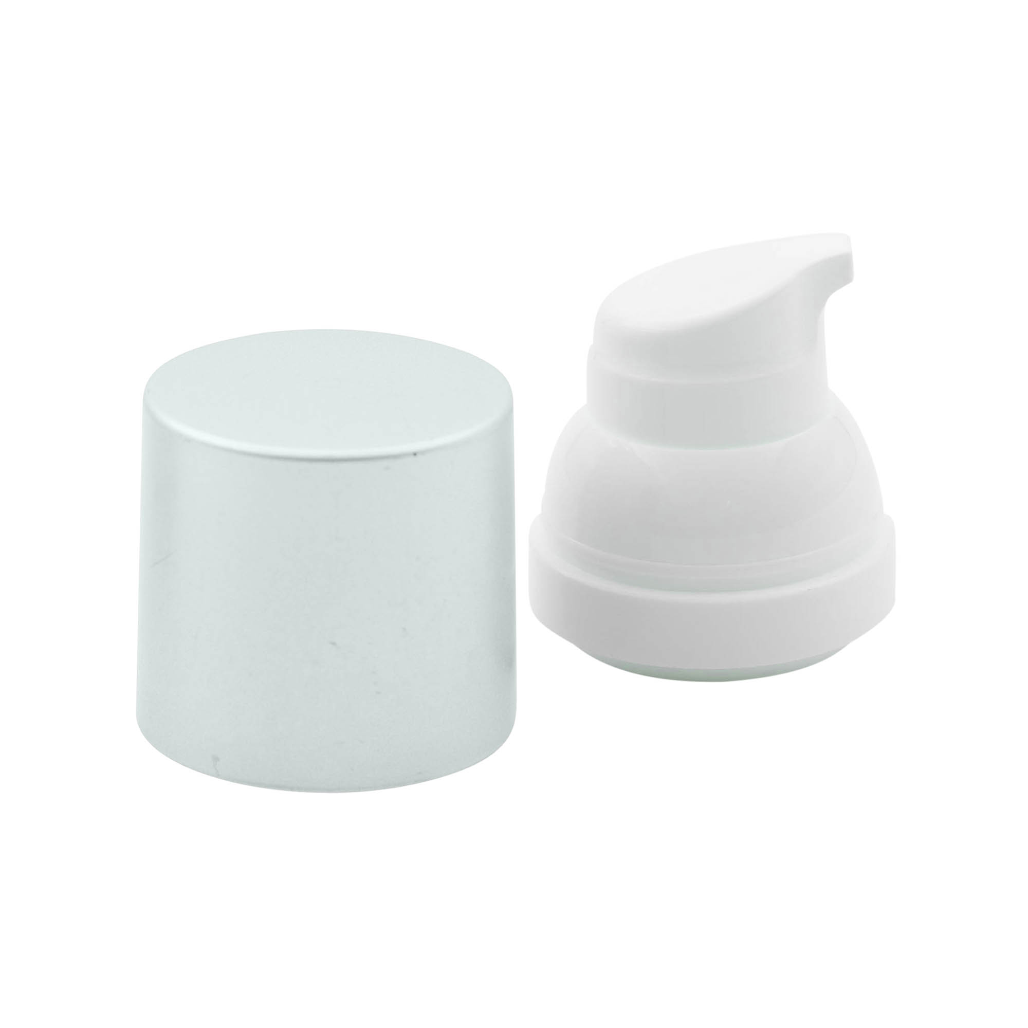Airless dispenser pumpehoved „Mezzo“, type D, PP-plast, hvid med mat sølvmetaliseret låg