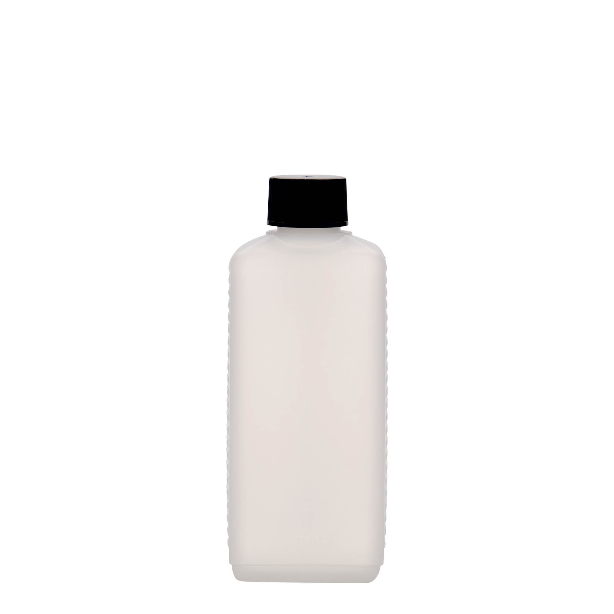 250 ml kande-flaske, rektangulær, HDPE-plast, natur, åbning: DIN 25 EPE