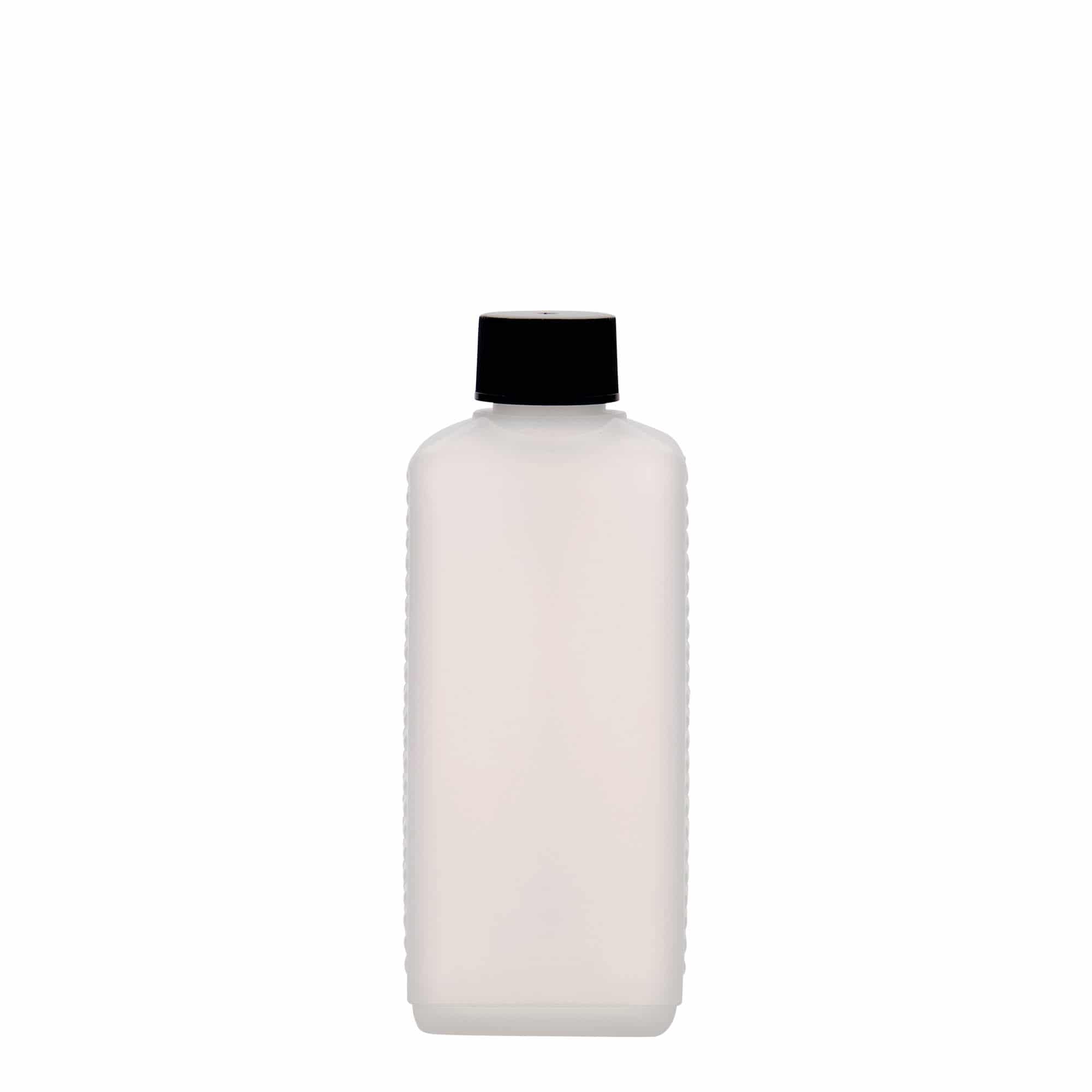 250 ml kande-flaske, rektangulær, HDPE-plast, natur, åbning: DIN 25 EPE