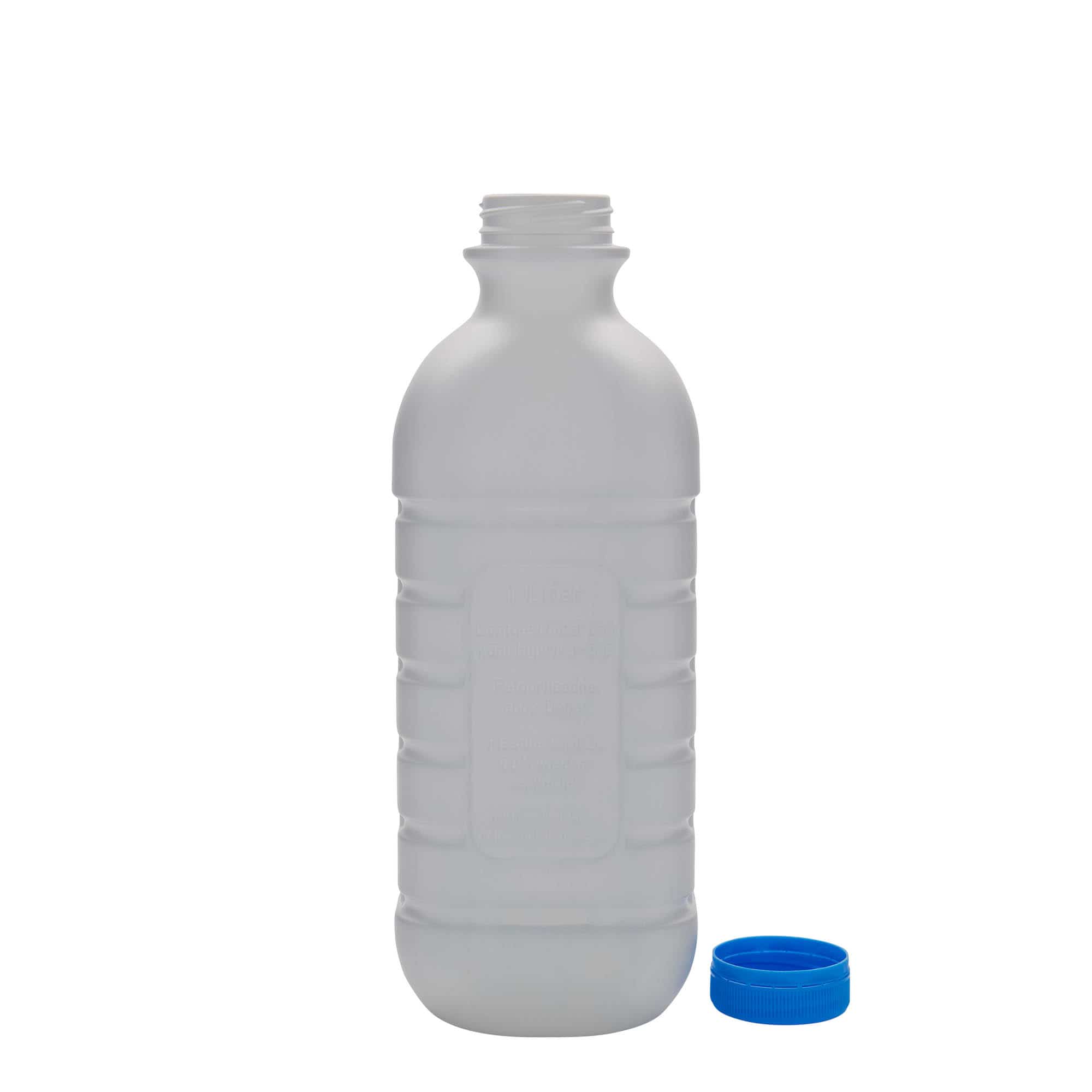 1.000 ml mælkeflaske, firkantet, HDPE-plast, hvid, åbning: PEHD40