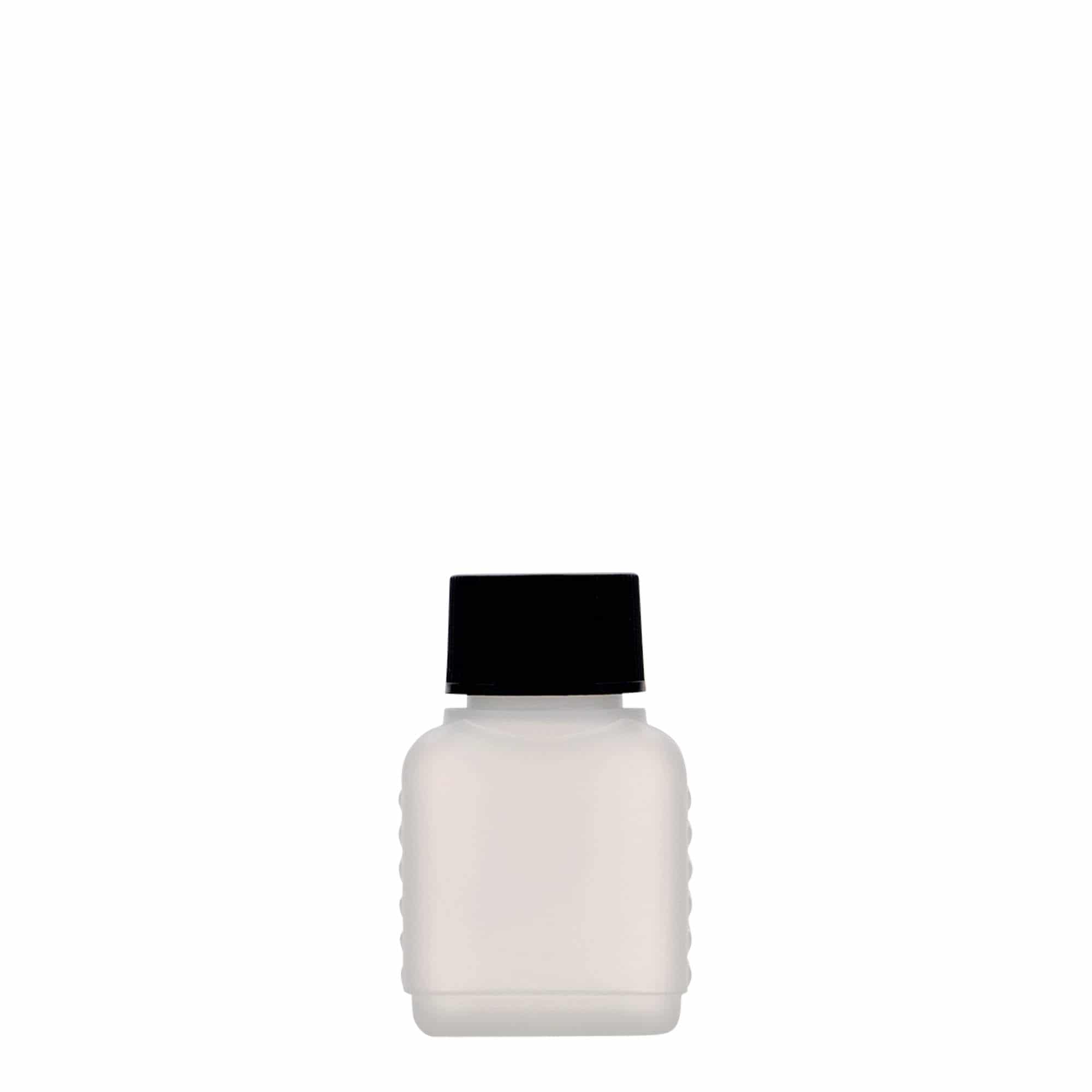 50 ml beholderflaske, firkantet, HDPE-plast, natur, åbning: DIN 25