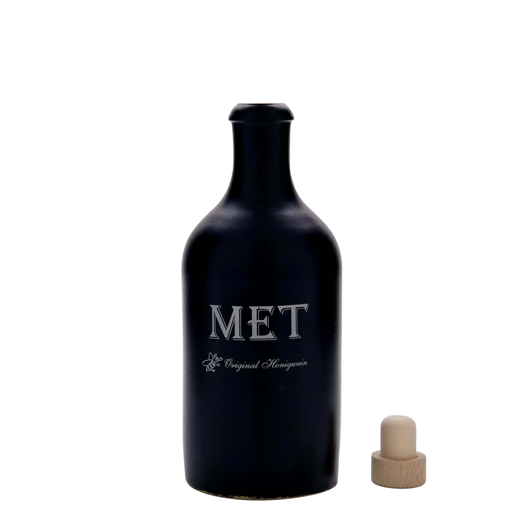 500 ml lerkrus, motiv: Mjød, stentøj, sort, åbning: Kork
