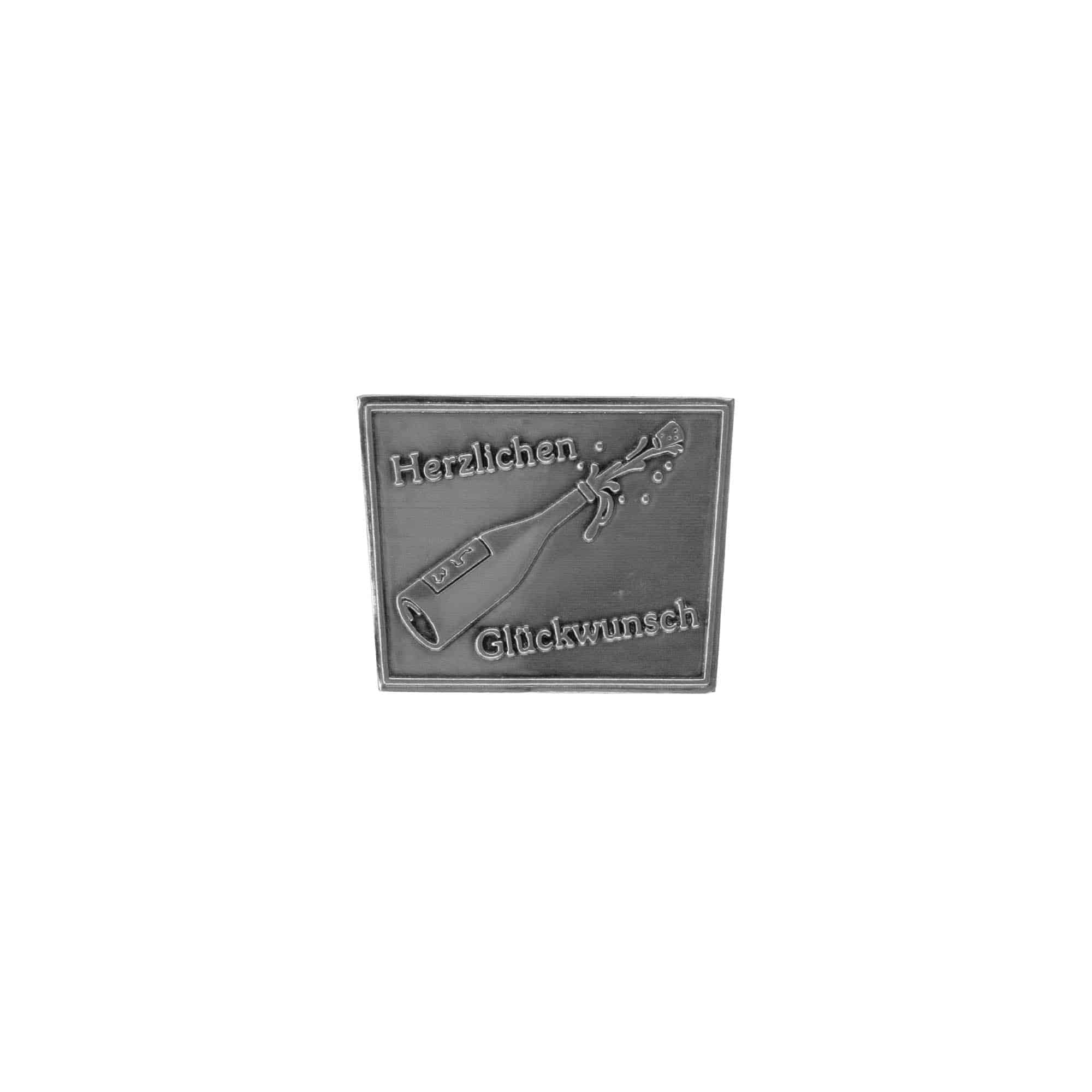 Tinlabel 'Hjertelig tillykke', trapez, metal, sølv