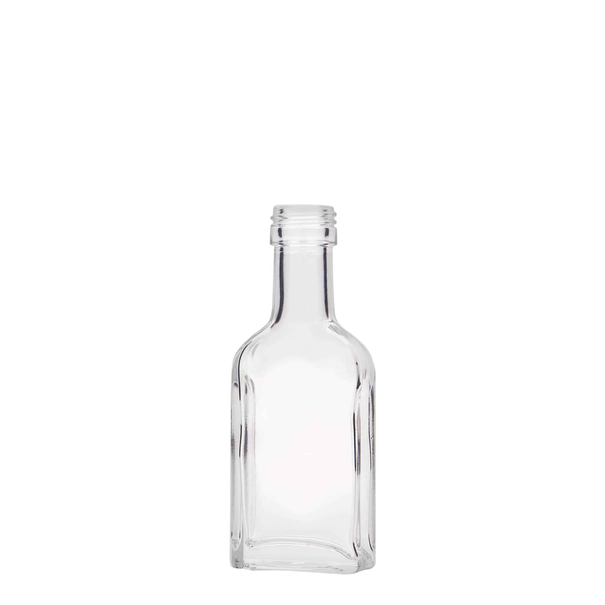 40 ml lommelærke, langhalset, firkantet, glas, åbning: PP 22