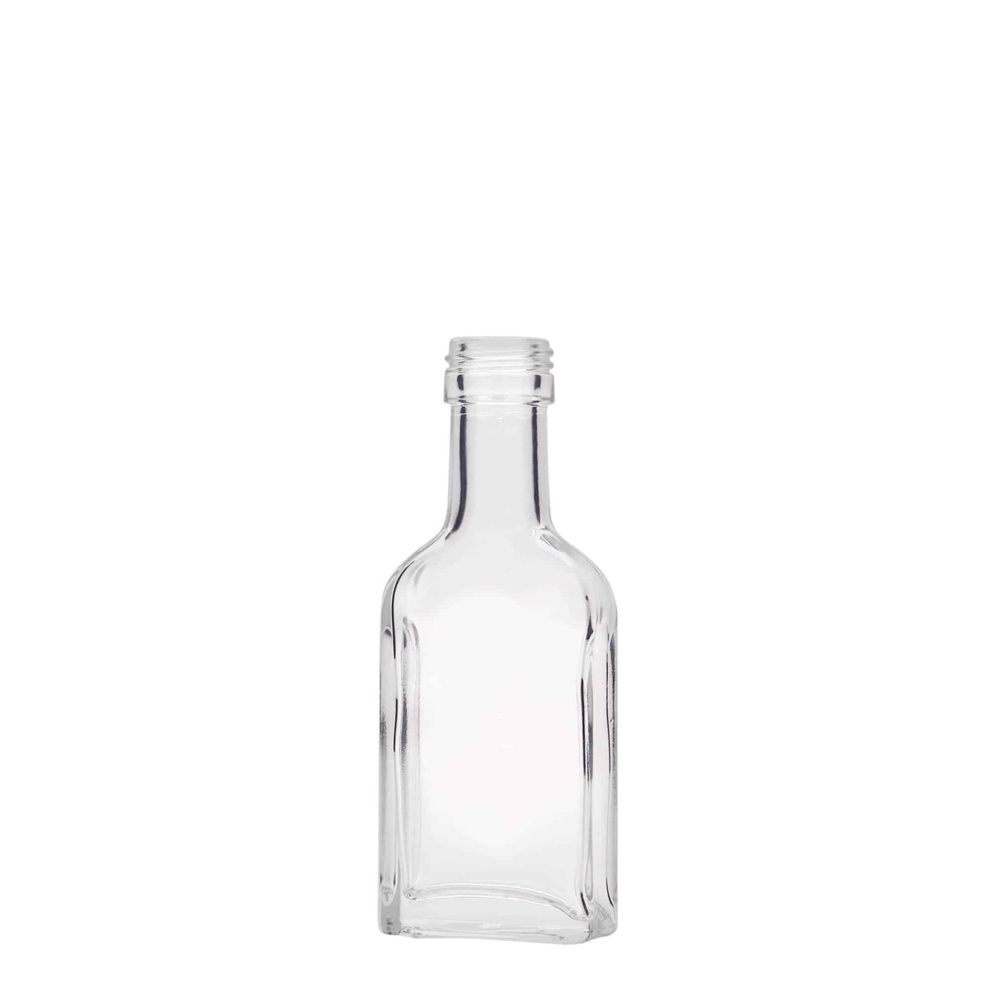 40 ml lommeflaske med lang hals, rektangulær, glas, åbning: PP 22