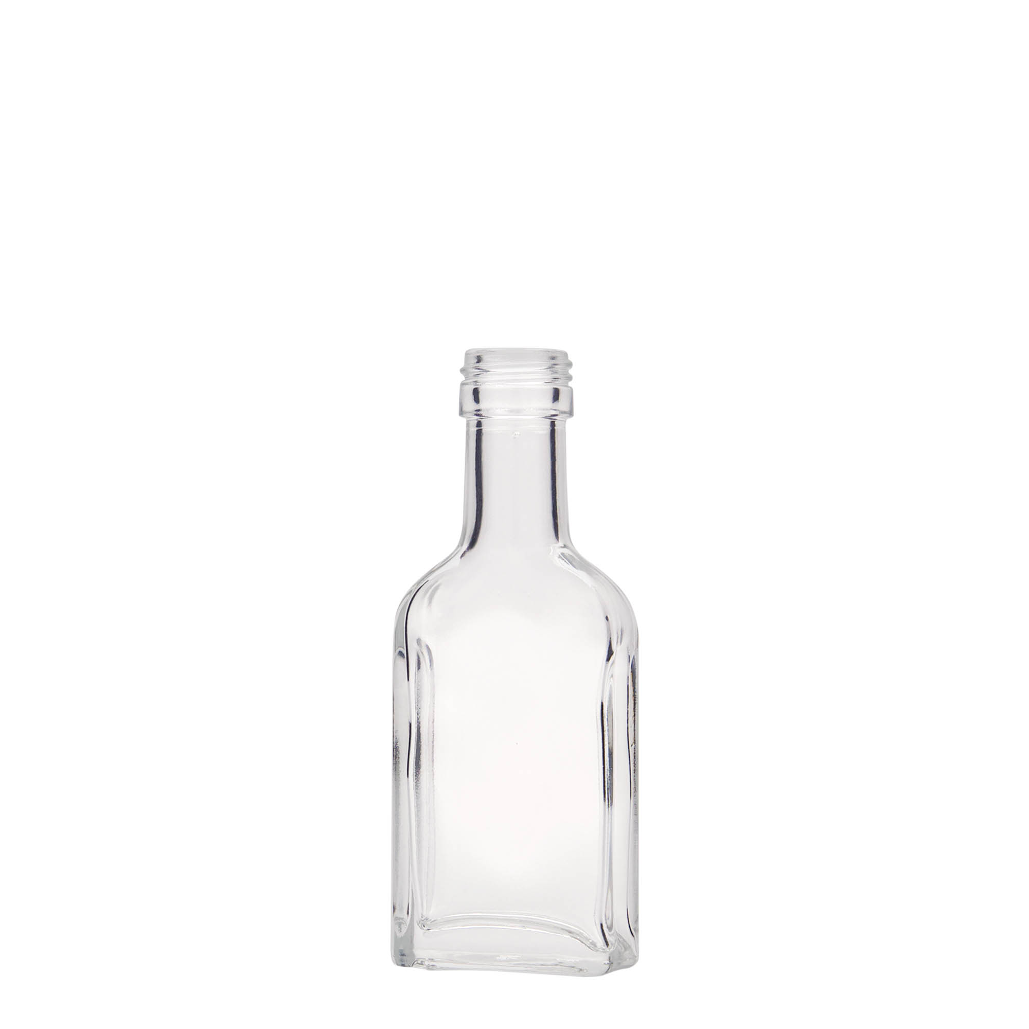 40 ml lommeflaske med lang hals, rektangulær, glas, åbning: PP 22 40 ml lommeflaske med lang hals, rektangulær, glas, åbning: PP 22