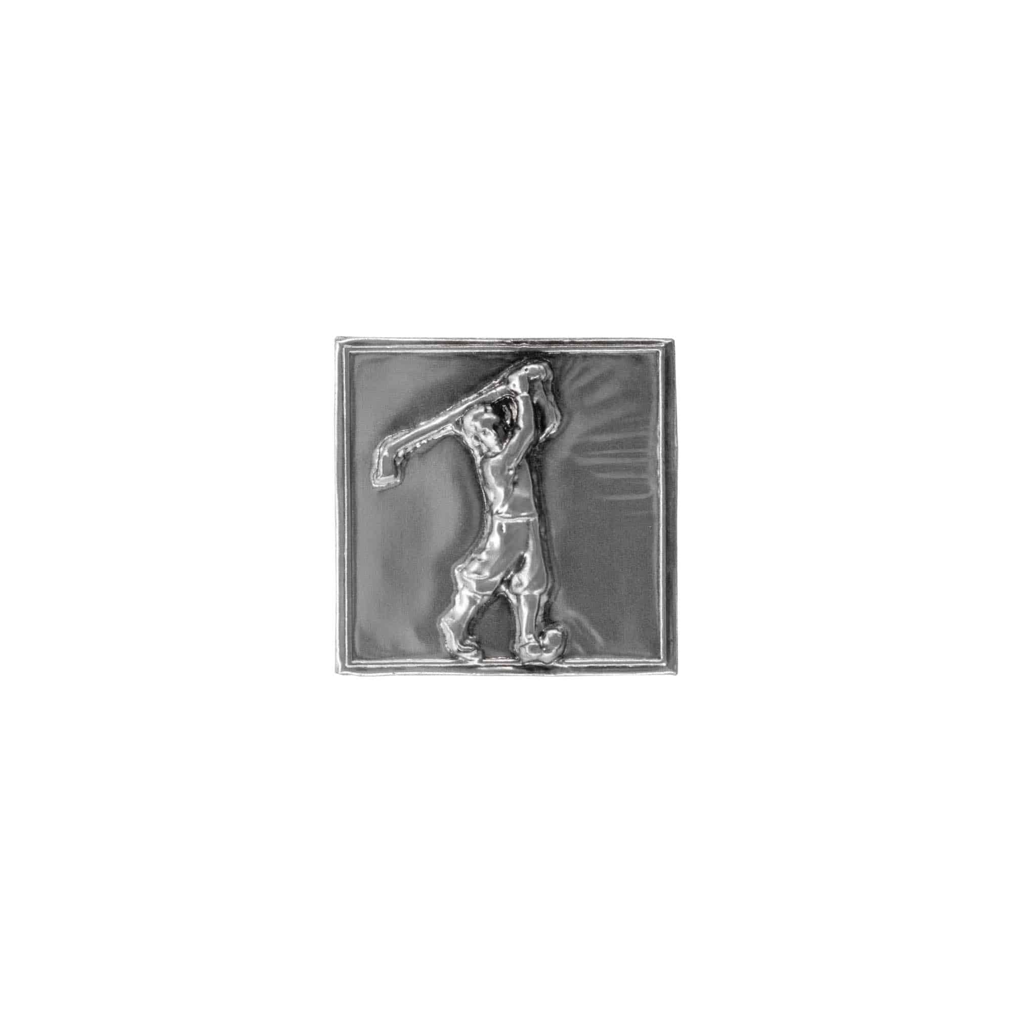 Tinlabel 'Golfer', kvadratisk, metal, sølv Tinlabel 'Golfer', kvadratisk, metal, sølv