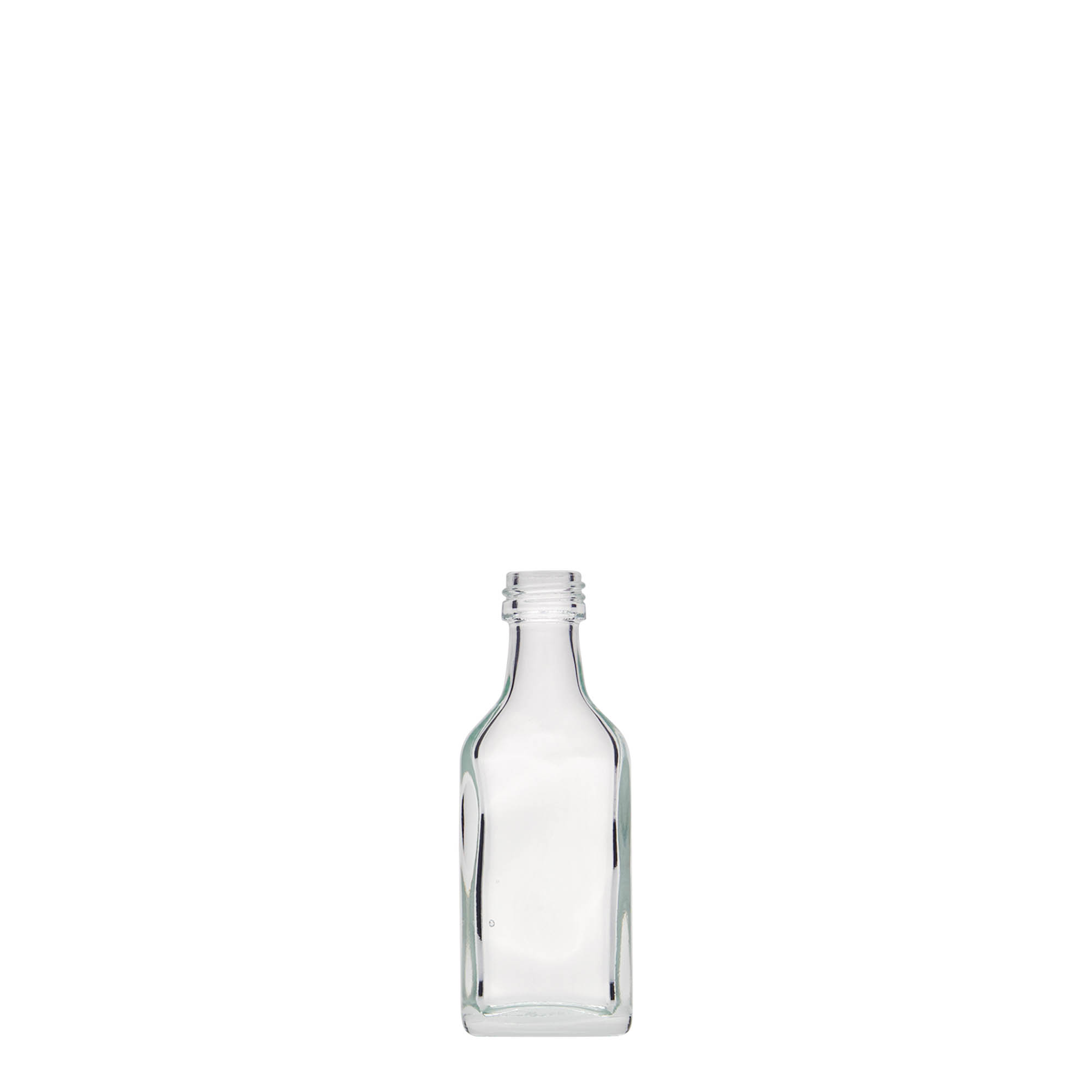 20 ml lommeflaske, rektangulær, glas, åbning: PP 18 20 ml lommeflaske, rektangulær, glas, åbning: PP 18