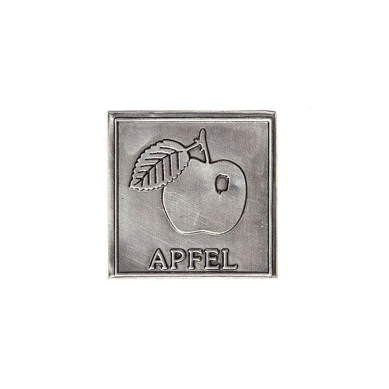 Tinetiket 'Æble', kvadratisk, metal, sølv