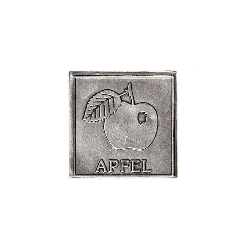 Tinlabel 'Æble', firkantet, metal, sølv