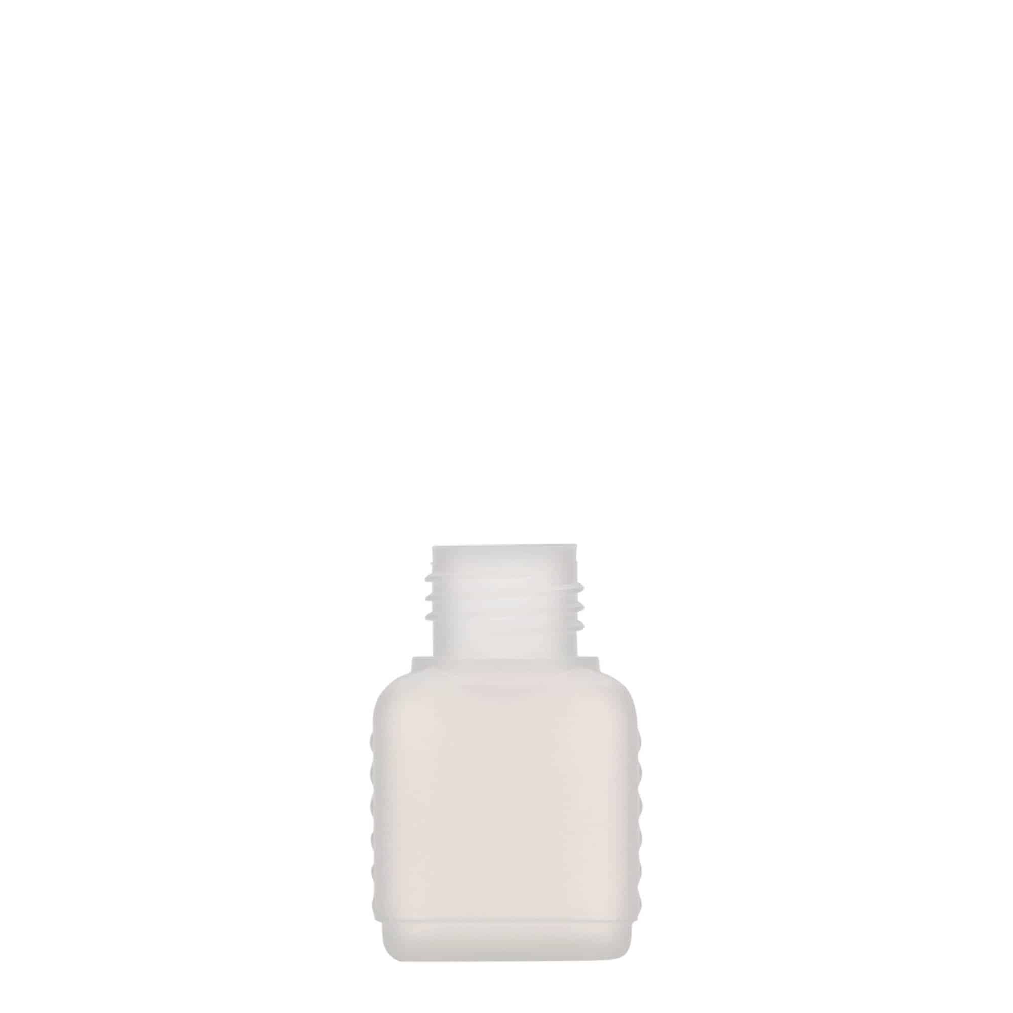 50 ml beholderflaske, firkantet, HDPE-plast, natur, åbning: DIN 25 50 ml beholderflaske, firkantet, HDPE-plast, natur, åbning: DIN 25