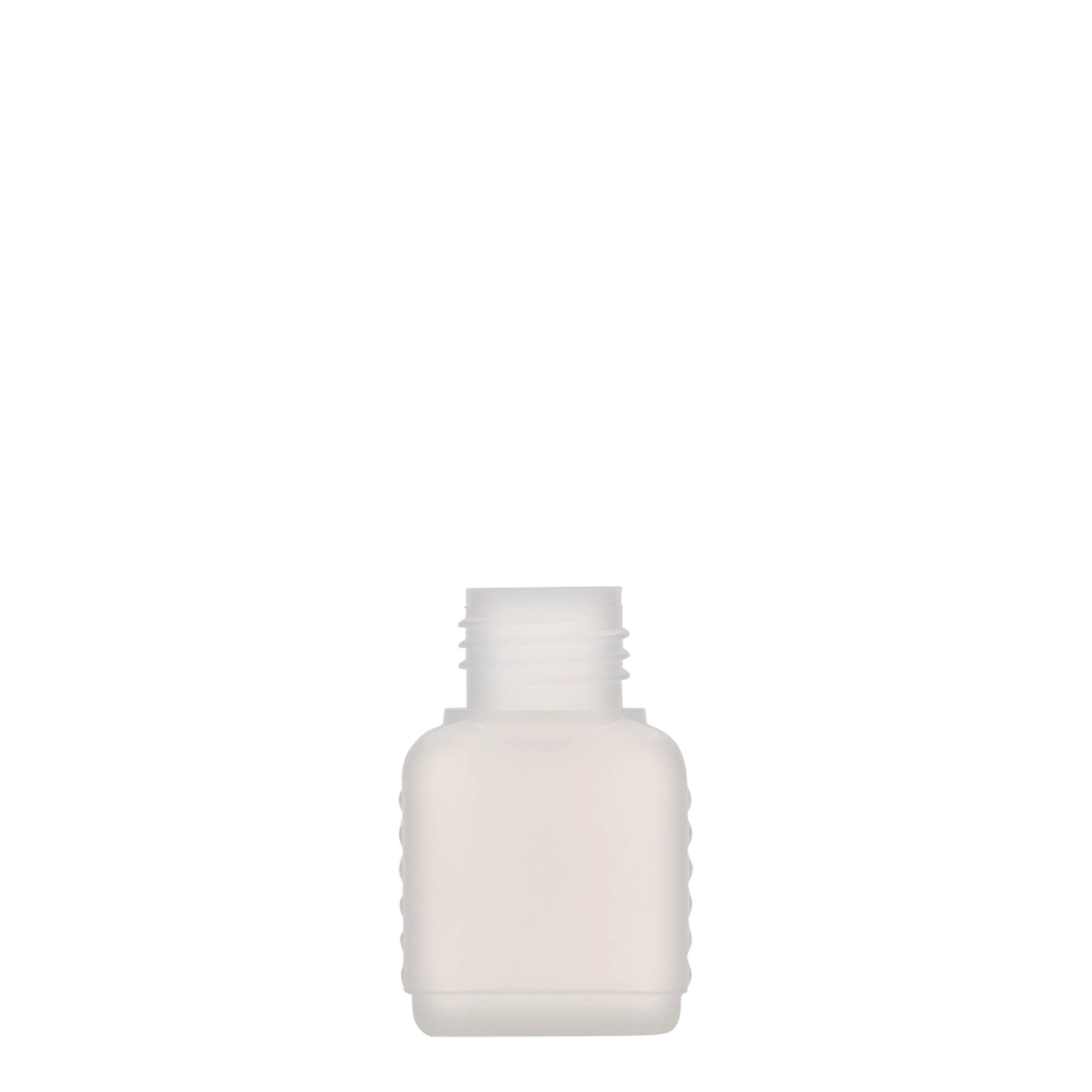 50 ml dunkflaske, rektangulær, HDPE-plast, natur, åbning: DIN 25