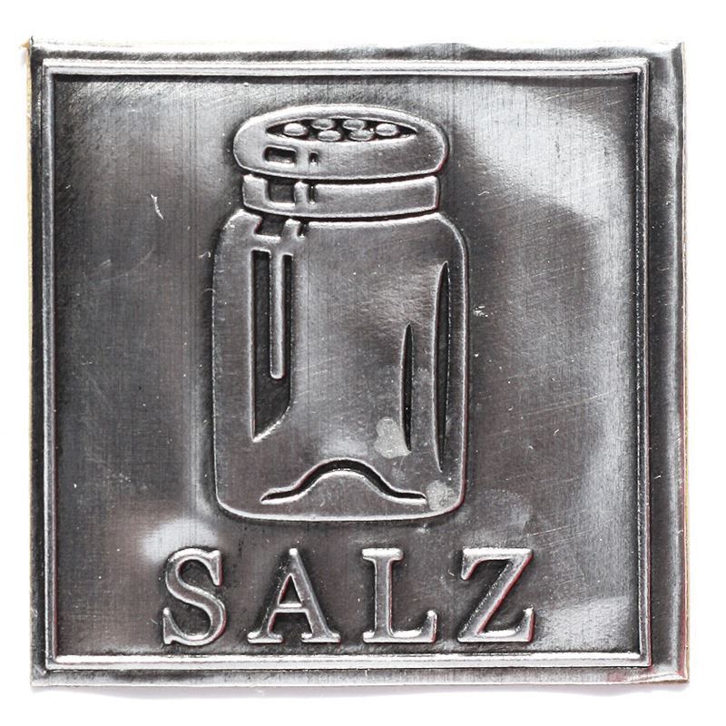 Tinetiket 'Salt', kvadratisk, metal, sølv