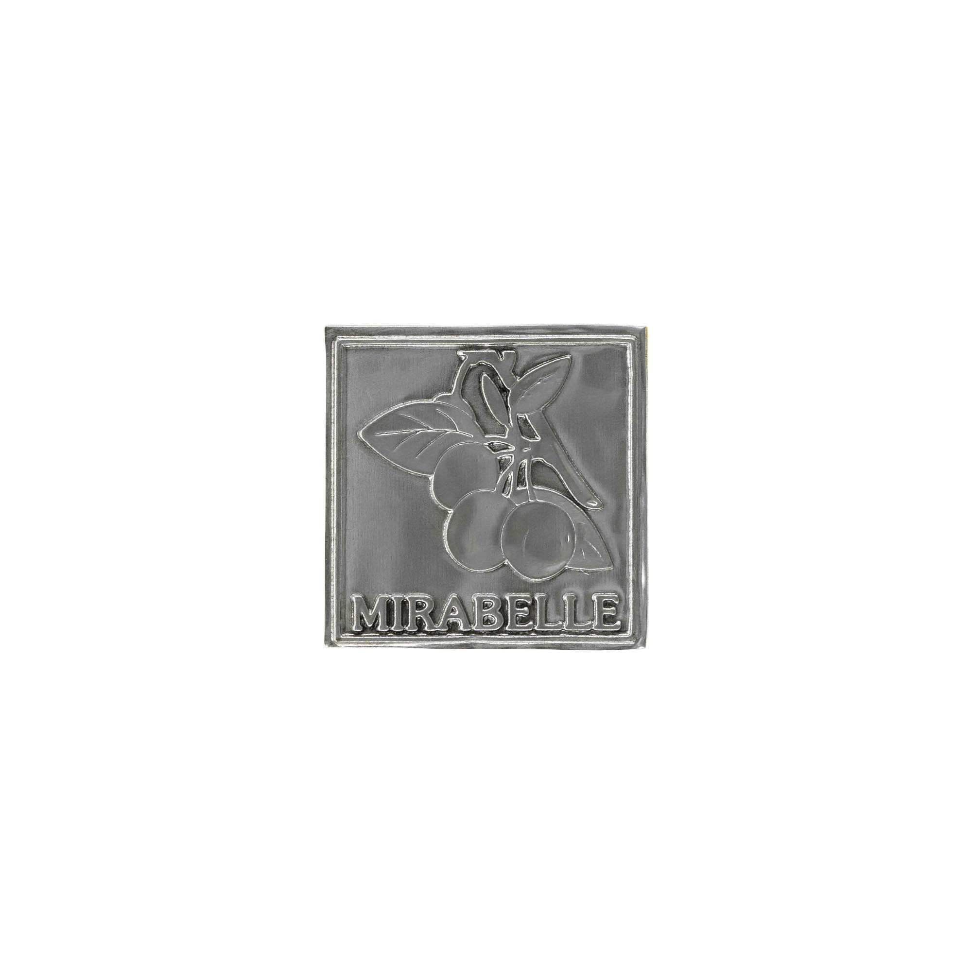 Tinlabel »Mirabelle«, kvadratisk, metal, sølv
