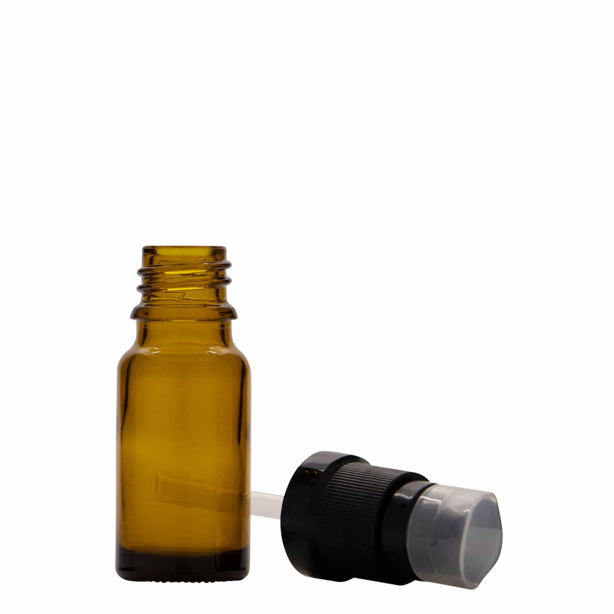 10 ml medicinflaske med lotionpumpe, glas, brun, åbning: DIN 18