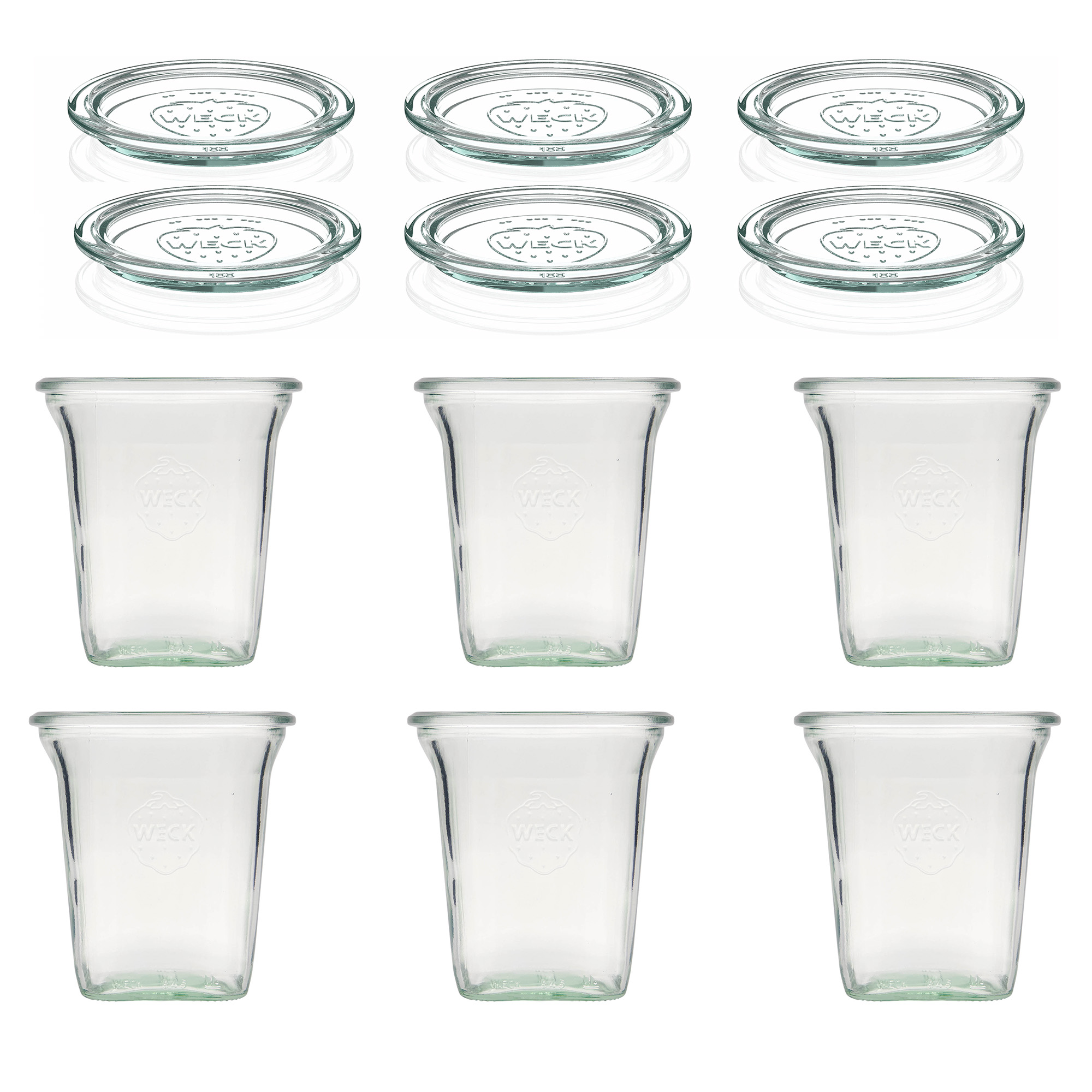 6x 545 ml WECK-quadroglas med glaslåg RR 100