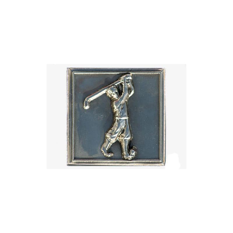 Tinetiket 'Golfspiller', kvadratisk, metal, sølv
