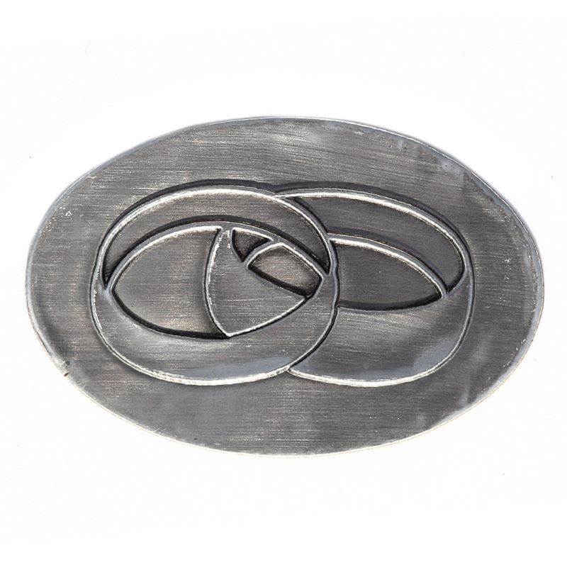 Tinetiket 'Vielsesringe', oval, metal, sølv