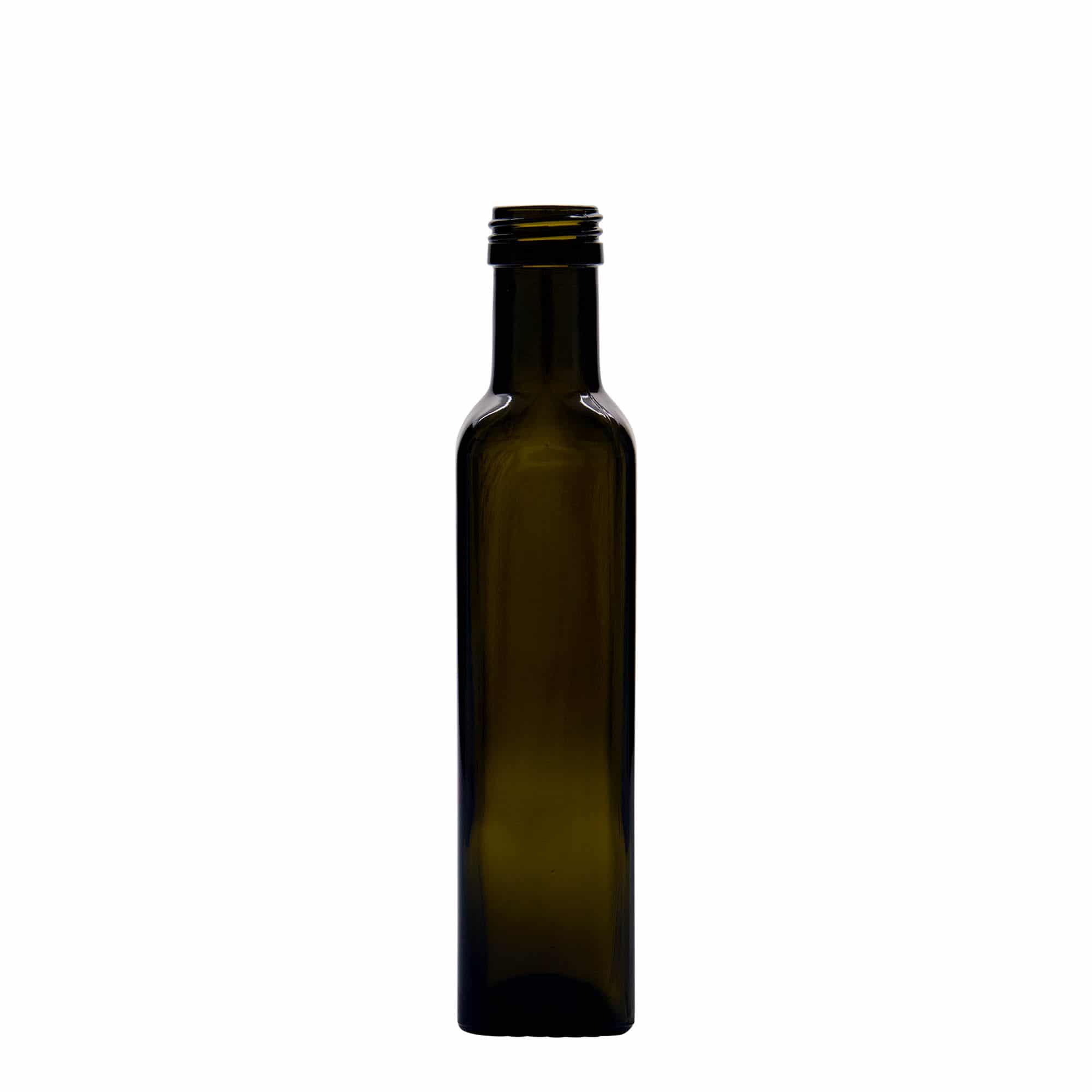 250 ml glasflaske 'Marasca', kvadratisk, antikgrøn, åbning: PP 31,5