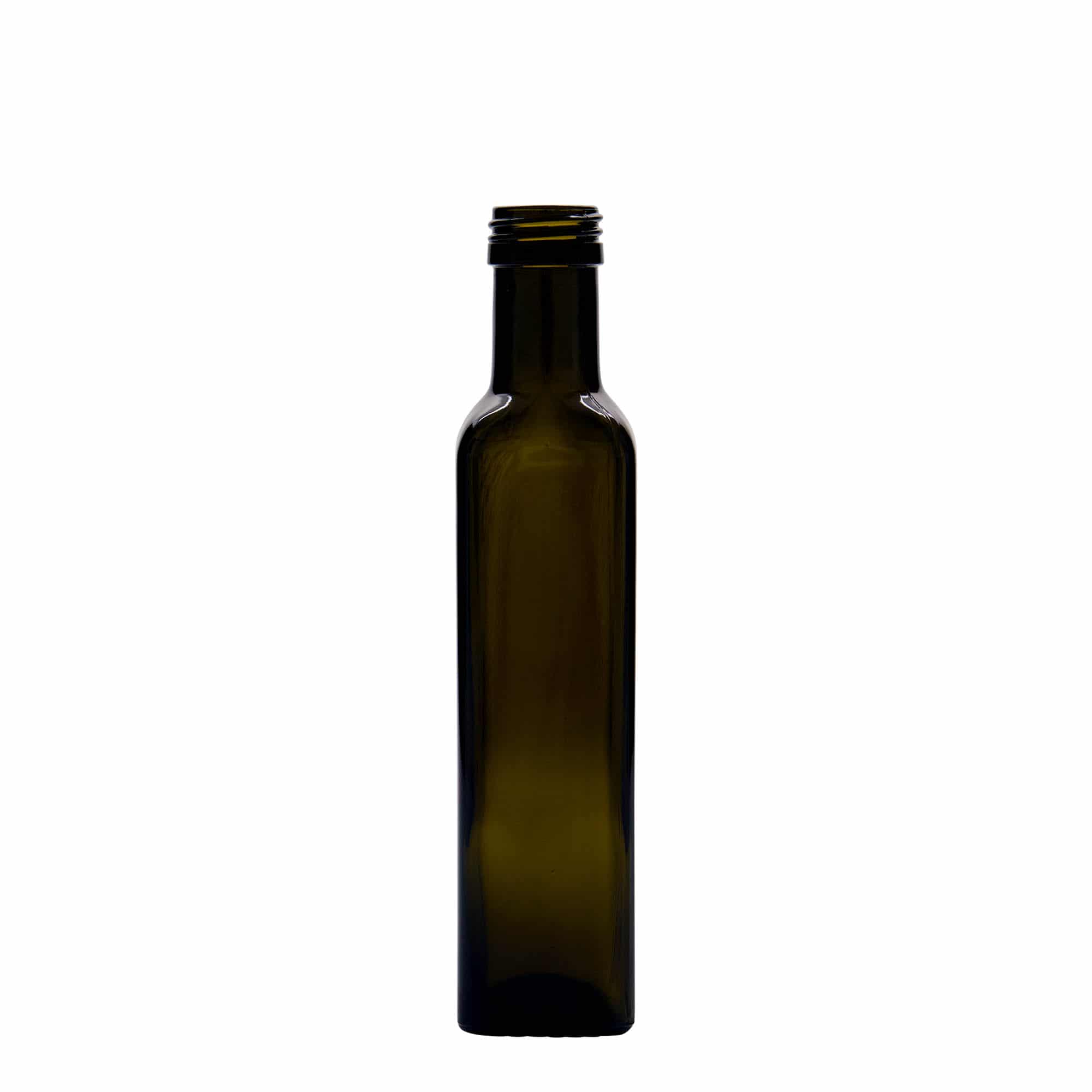 250 ml glasflaske 'Marasca', kvadratisk, antikgrøn, åbning: PP 31,5 250 ml glasflaske 'Marasca', kvadratisk, antikgrøn, åbning: PP 31,5