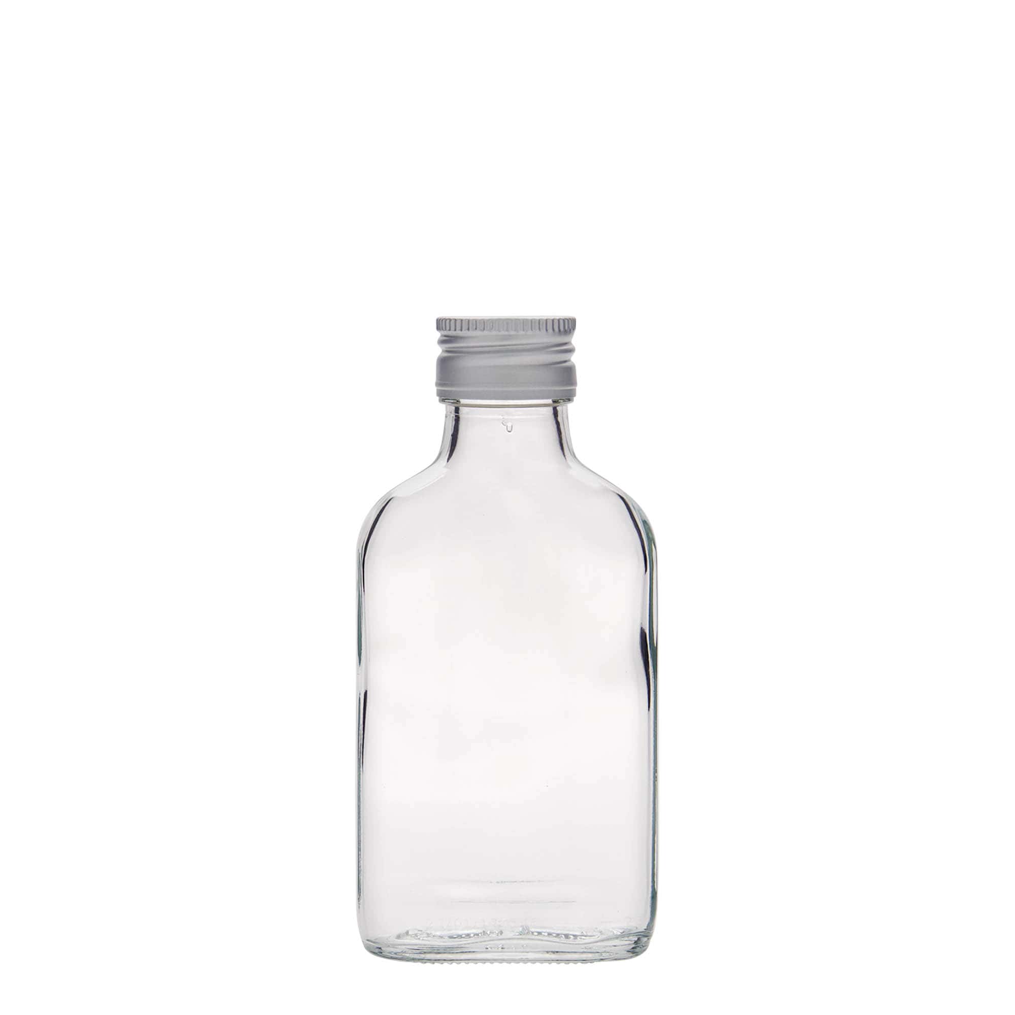 100 ml lommeflaske, rektangulær, glas, åbning: PP 28