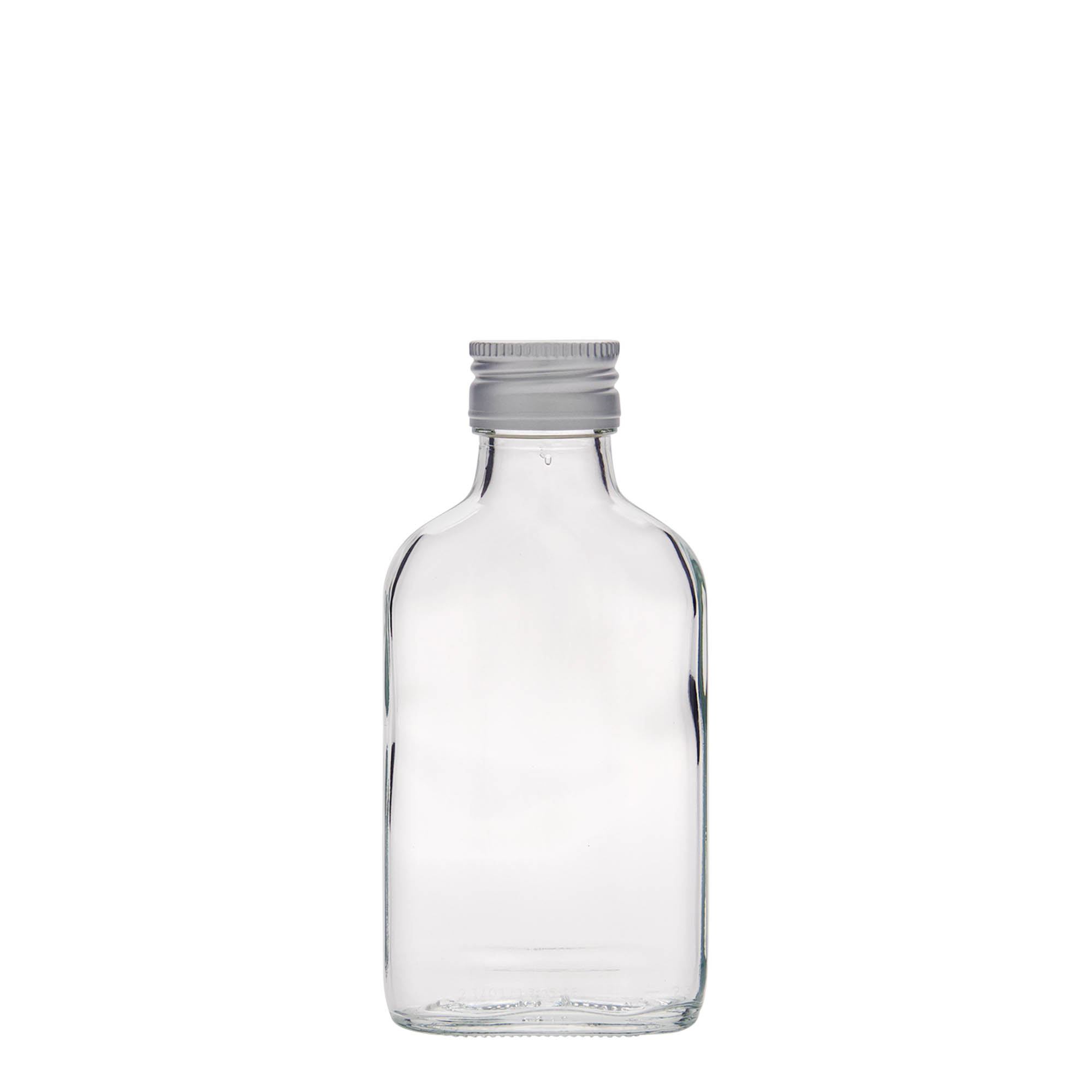 100 ml lommeflaske, rektangulær, glas, åbning: PP 28