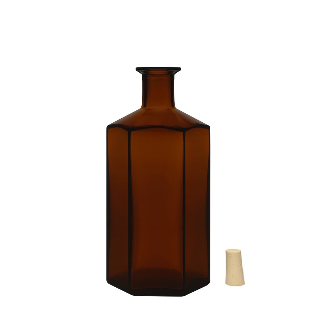 500 ml glasflaske apoteker 'Jimmy', sekskantet, brun, åbning: prop