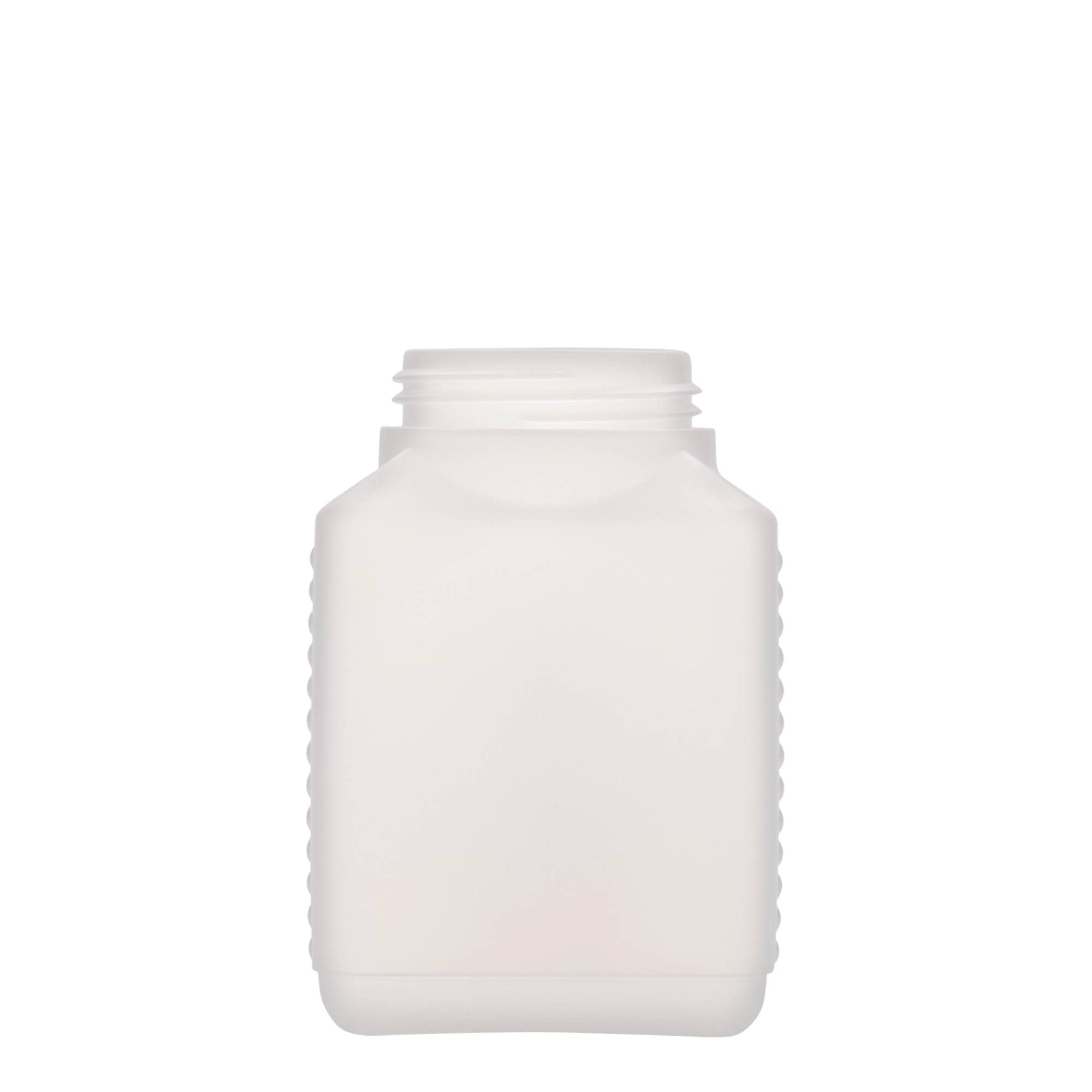 500 ml bredhalsflaske, rektangulær, HDPE-plast, natur, åbning: DIN 60 EPE