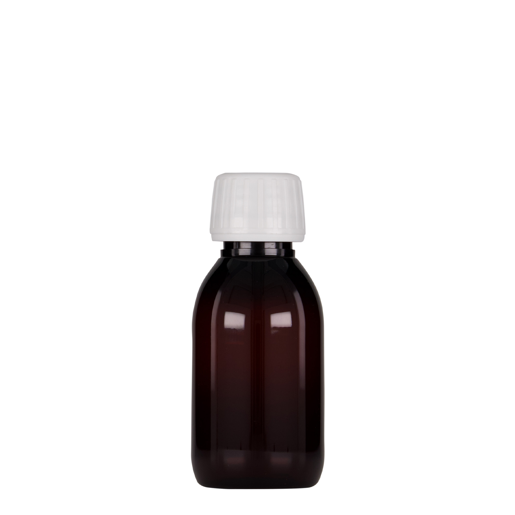 100 ml PET-medicinflaske, brun, plastik, åbning: PP 28
