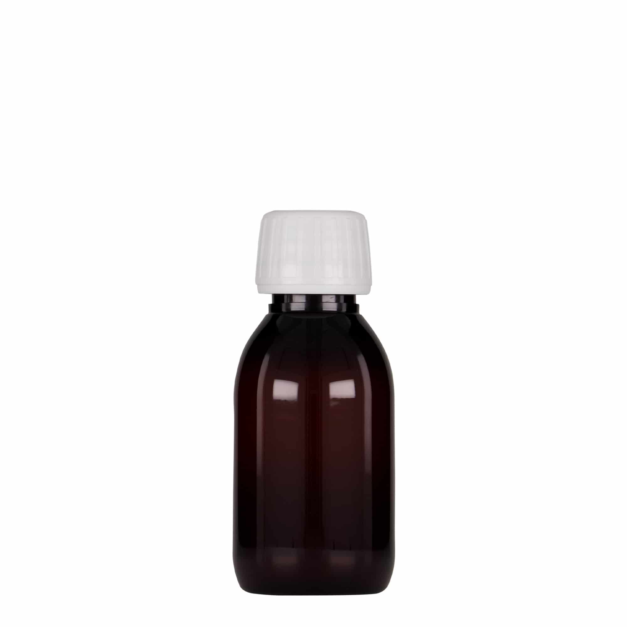 100 ml PET-medicinflaske, brun, plastik, åbning: PP 28