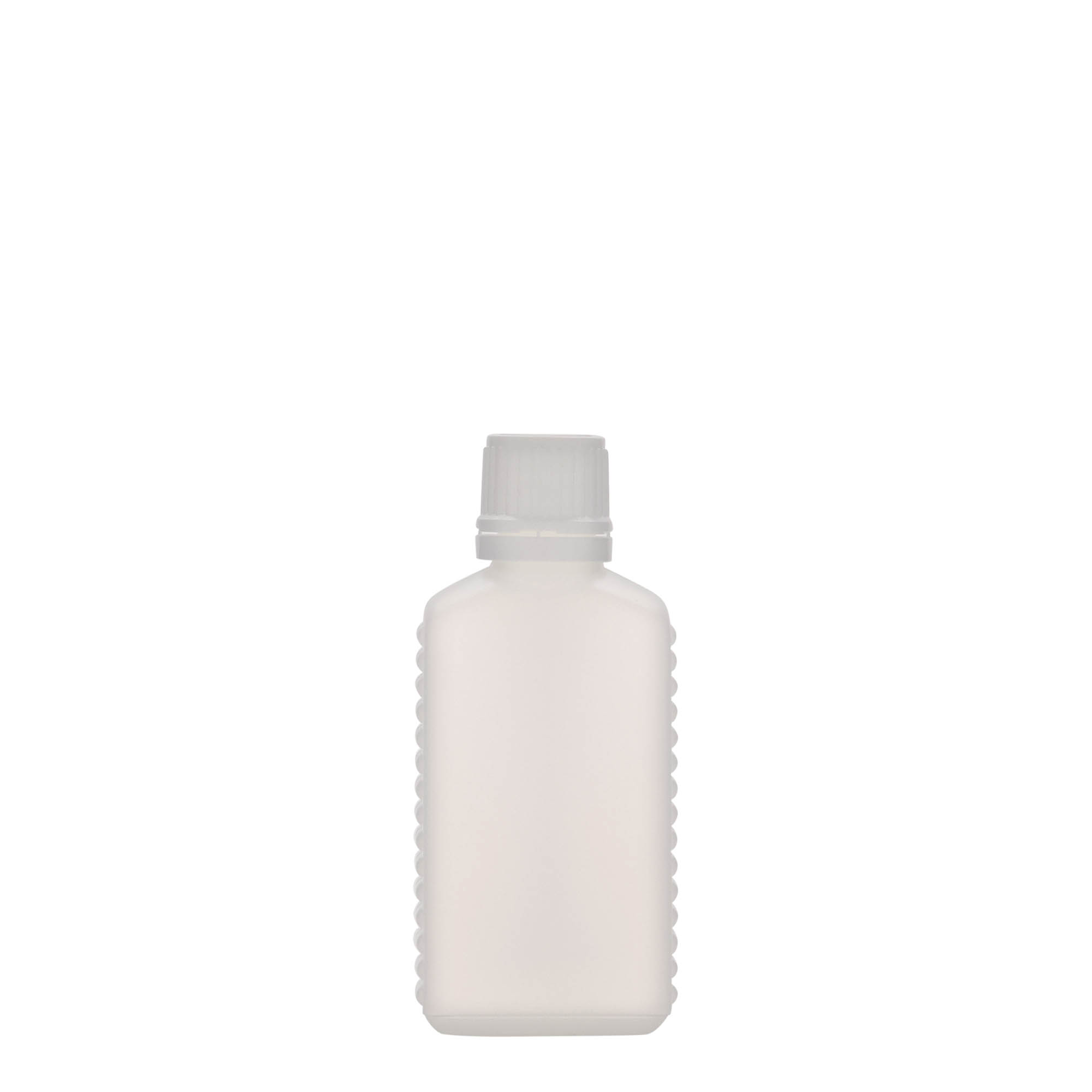 50 ml dunkflaske med smal hals, rektangulær, HDPE-plast, naturfarvet, åbning: DIN 18