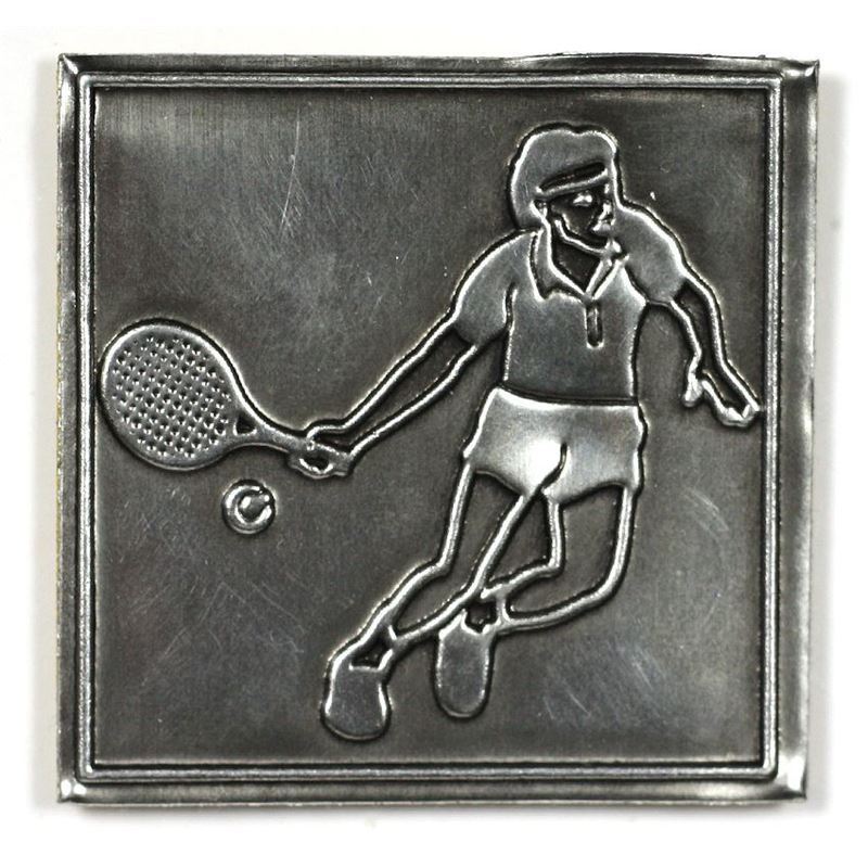Tinetiket 'Tennis', kvadratisk, metal, sølv