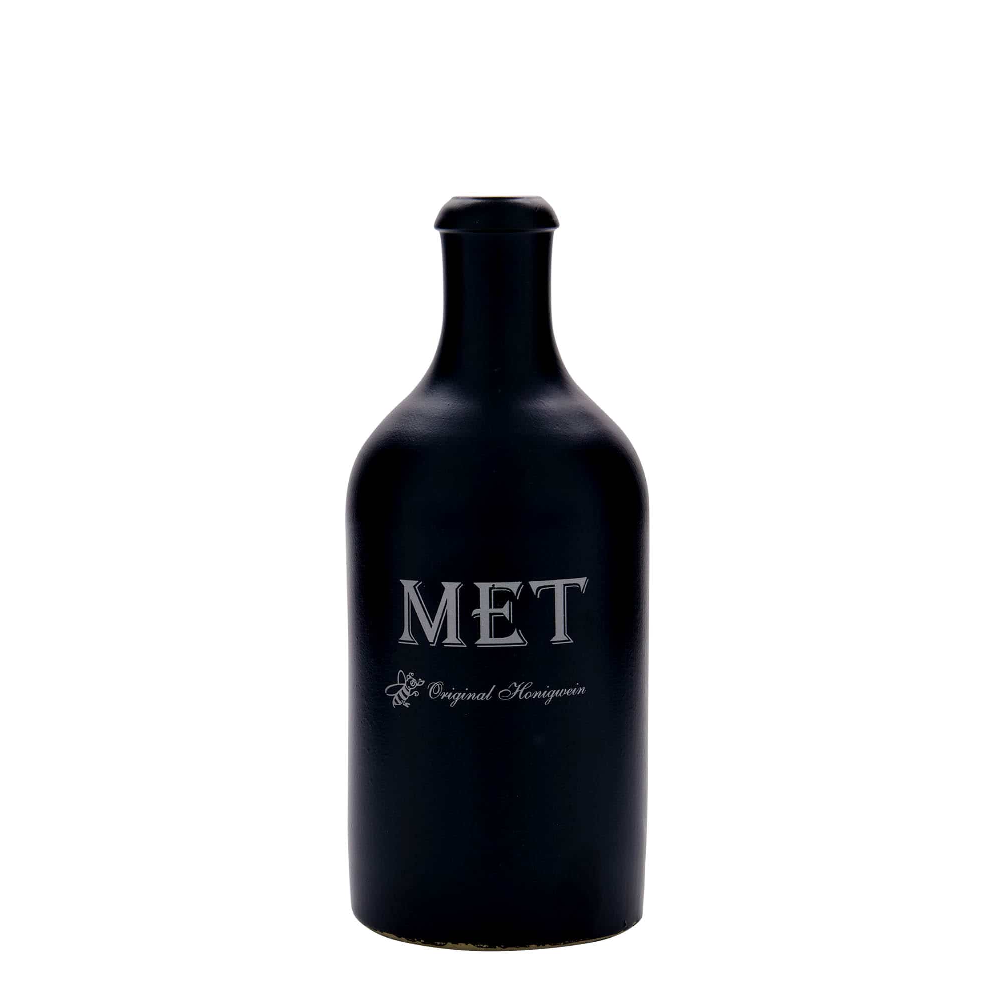 500 ml lerkrus, motiv: Mjød, stentøj, sort, åbning: Kork 500 ml lerkrus, motiv: Mjød, stentøj, sort, åbning: Kork
