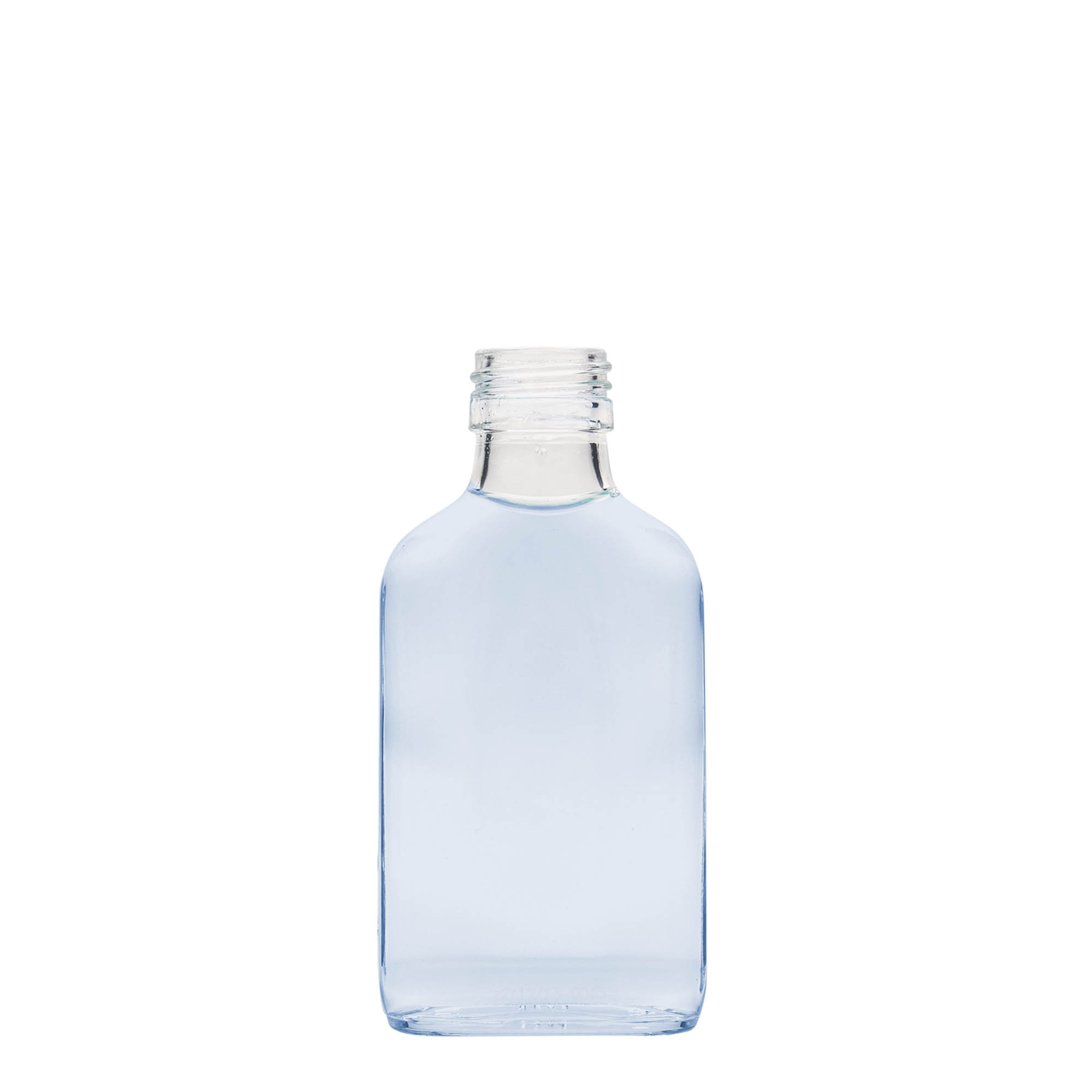 100 ml lommeflaske, rektangulær, glas, åbning: PP 28