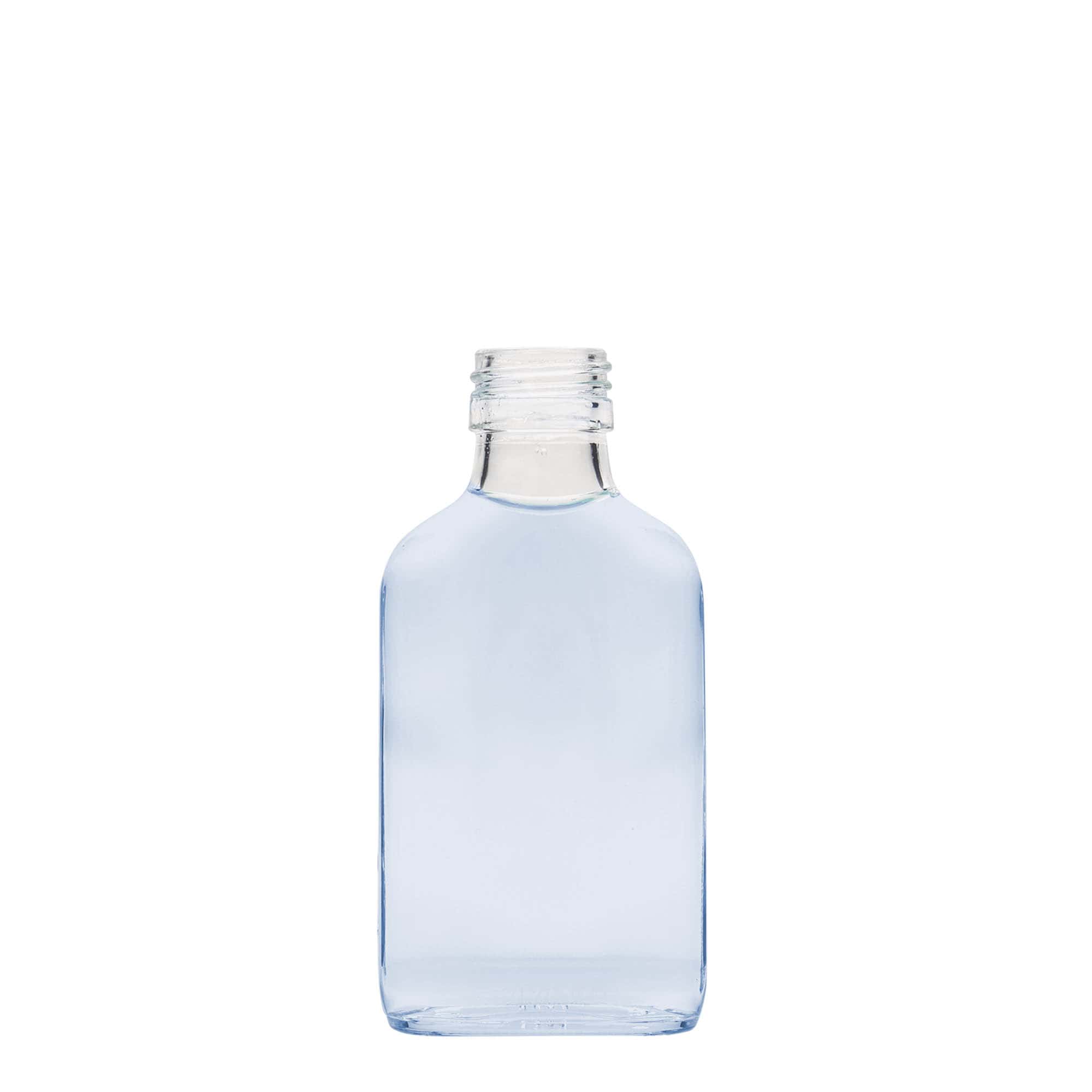 100 ml lommeflaske, rektangulær, glas, åbning: PP 28