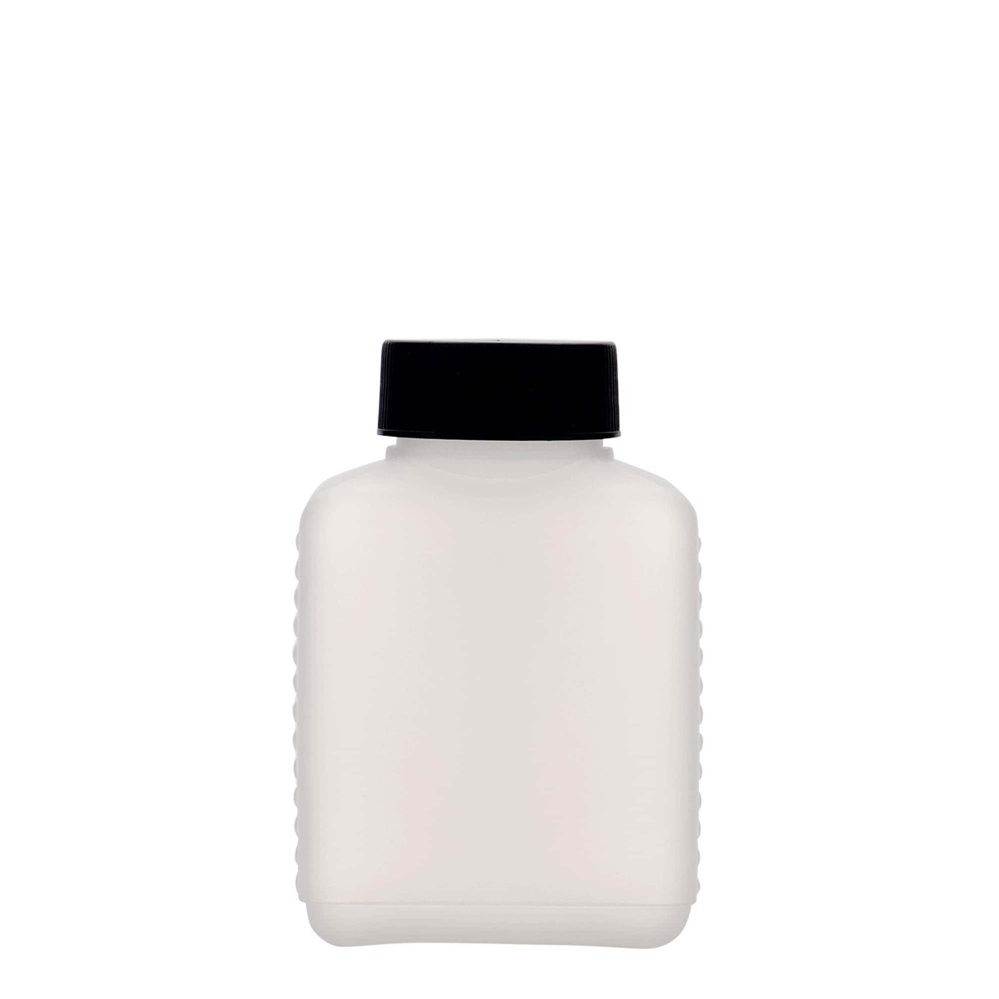 250 ml bredhalsflaske, rektangulær, HDPE-plast, natur, åbning: DIN 40 EPE