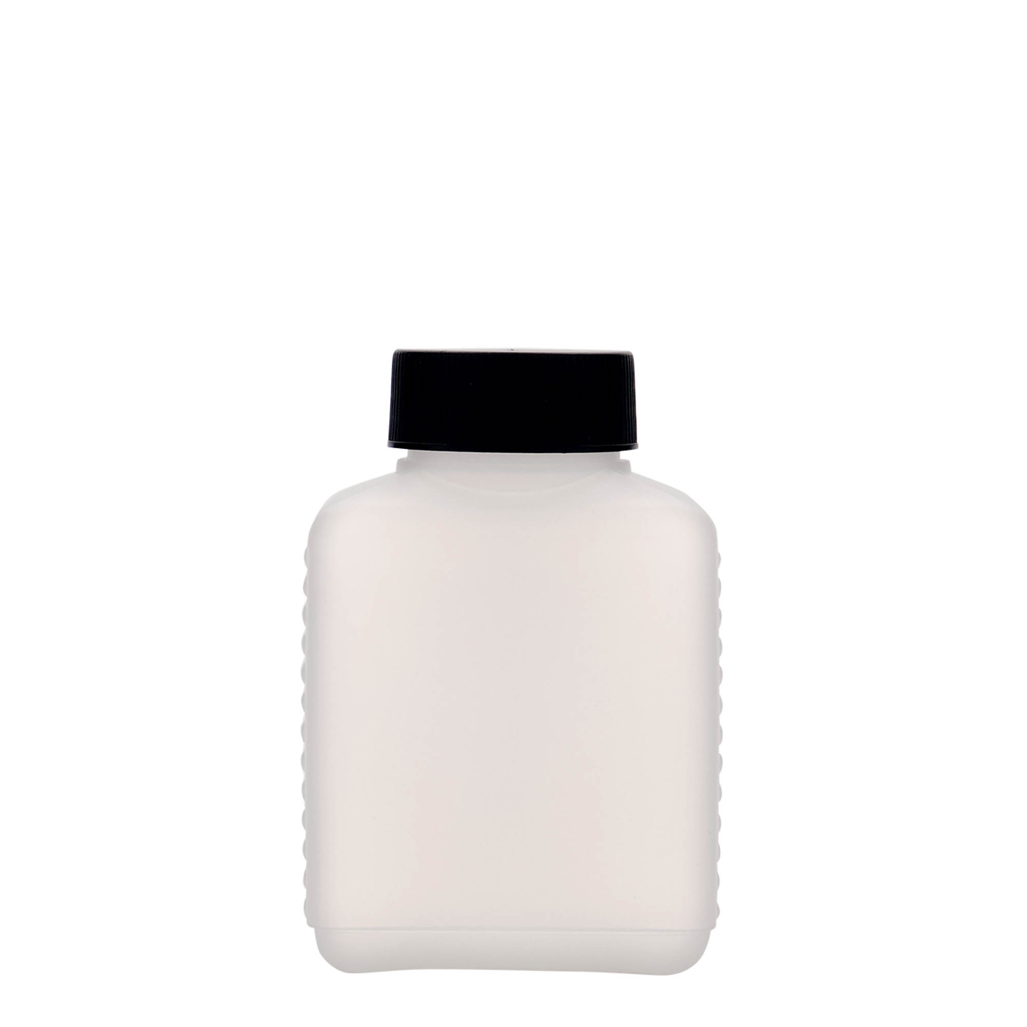 250 ml bredhalsflaske, rektangulær, HDPE-plast, natur, åbning: DIN 40 EPE