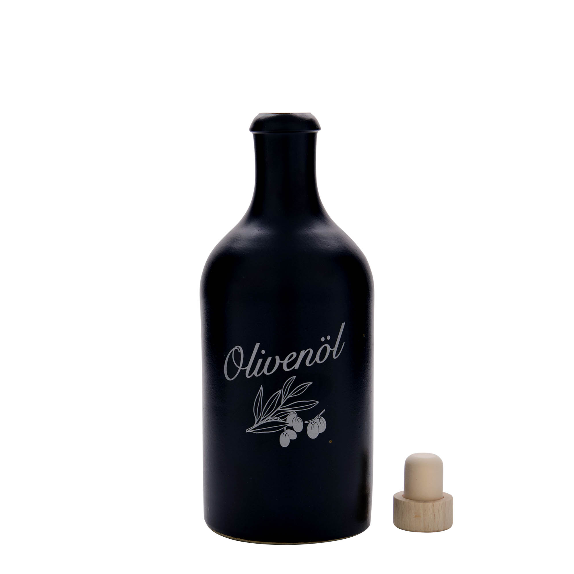 500 ml tonkrukke, motiv: olivenolie, stentøj, sort, åbning: kork 500 ml tonkrukke, motiv: olivenolie, stentøj, sort, åbning: kork